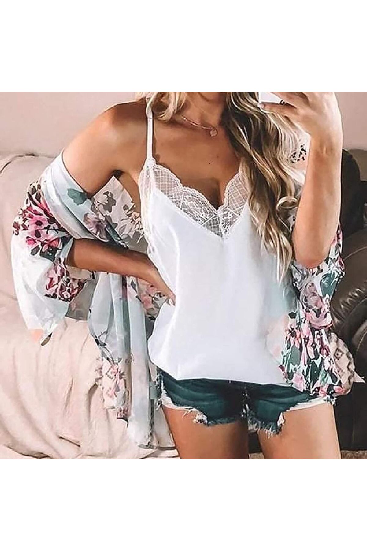 كارديجان كيمونو صيفي فضفاض طويل للنساء من بونكا (أزرق فاتح مزهر)