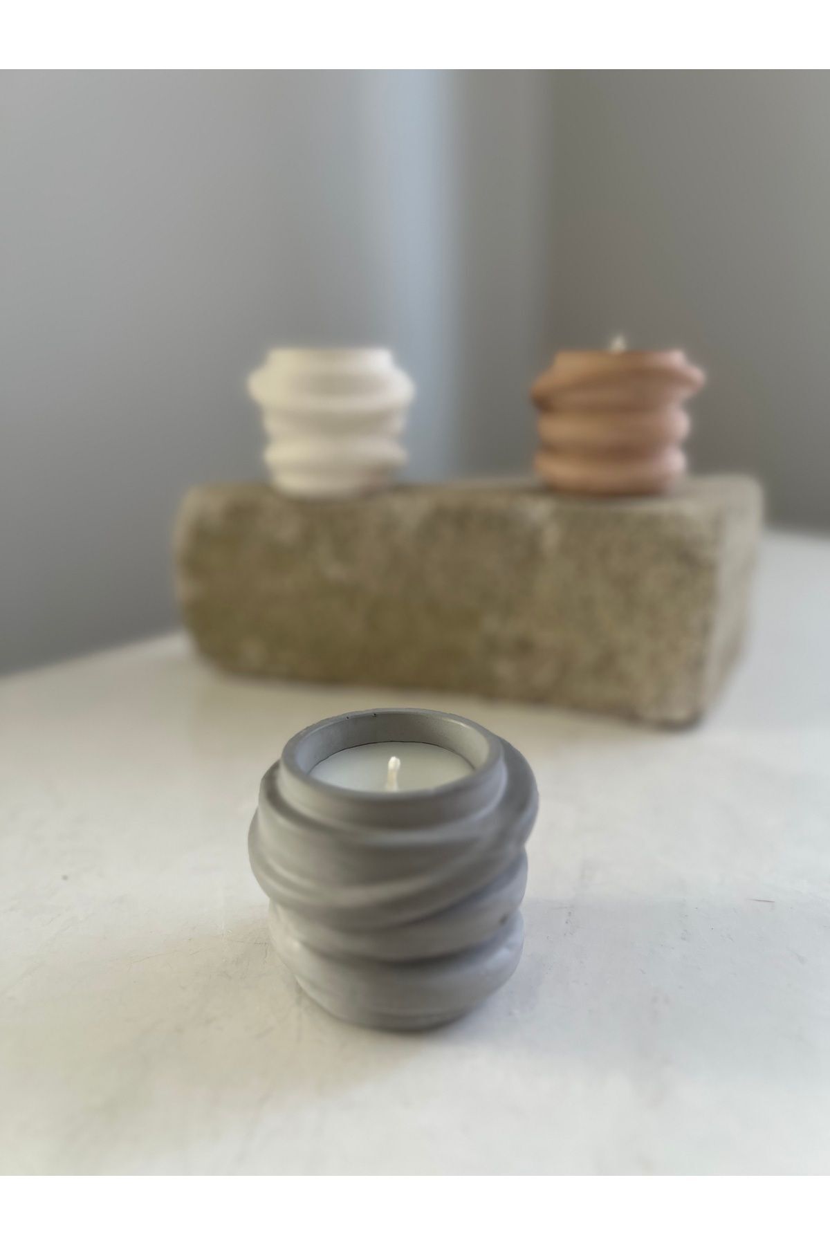 teknotrust Çok yuvarlaklı mumluk şık modern taştozu beton mumluk bohem fitil tealight