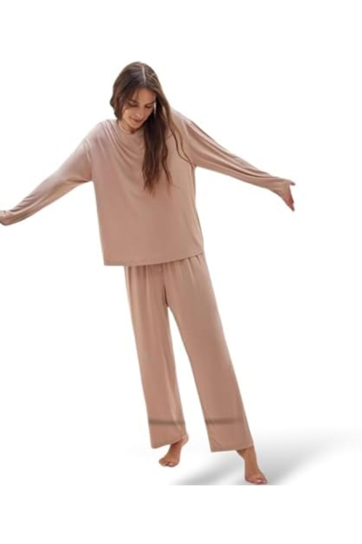 طقم بيجامة منزلية فضفاض من الفيسكوز، مكون من قطعتين - تيشيرت وبنطال من BUNCA - لون وردي باهت