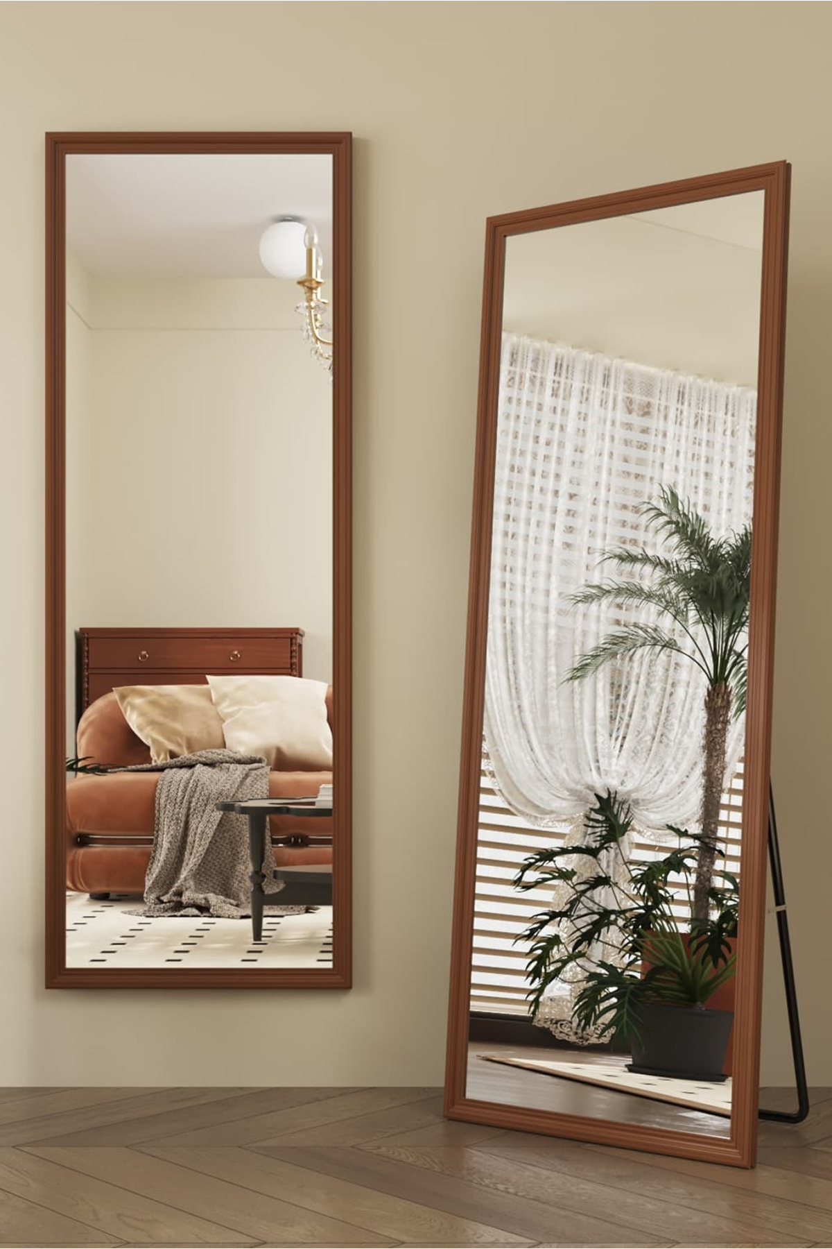 مرآة أرضية معدنية كاملة الطول بتصميم خشبي، لون بني، 160×50 سم