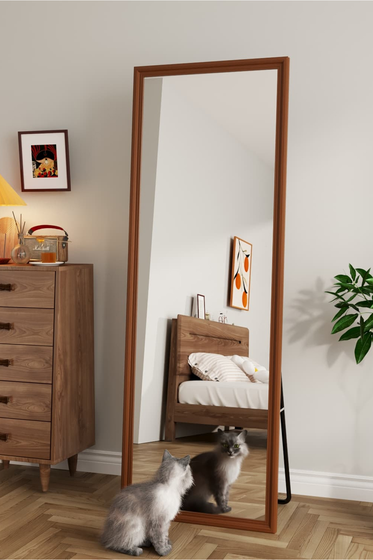 مرآة أرضية معدنية كاملة الطول بتصميم خشبي، لون بني، 160×50 سم