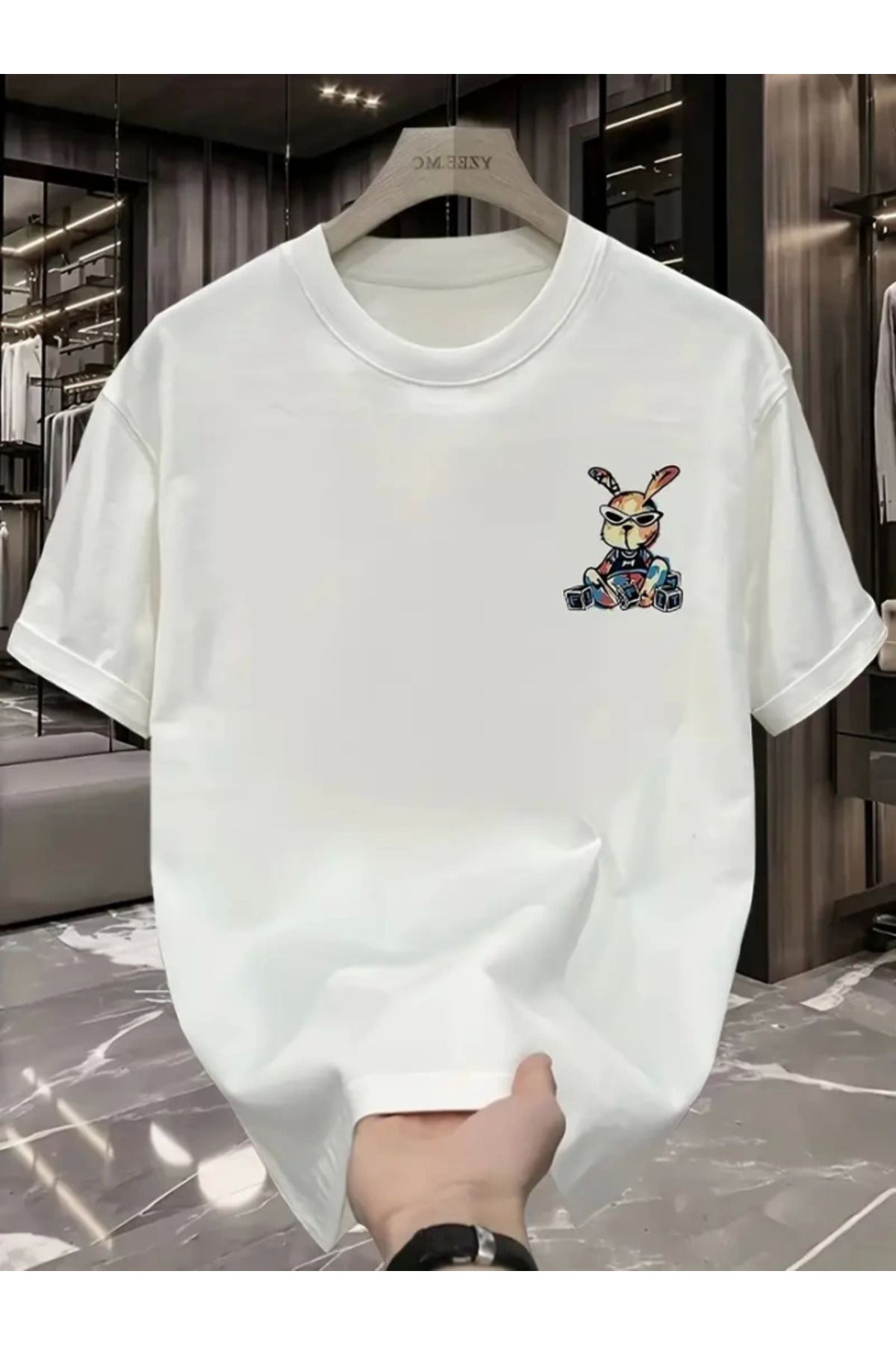 Albayrak Baskılı Oversize Bisiklet Yaka T-shirt - Beyaz