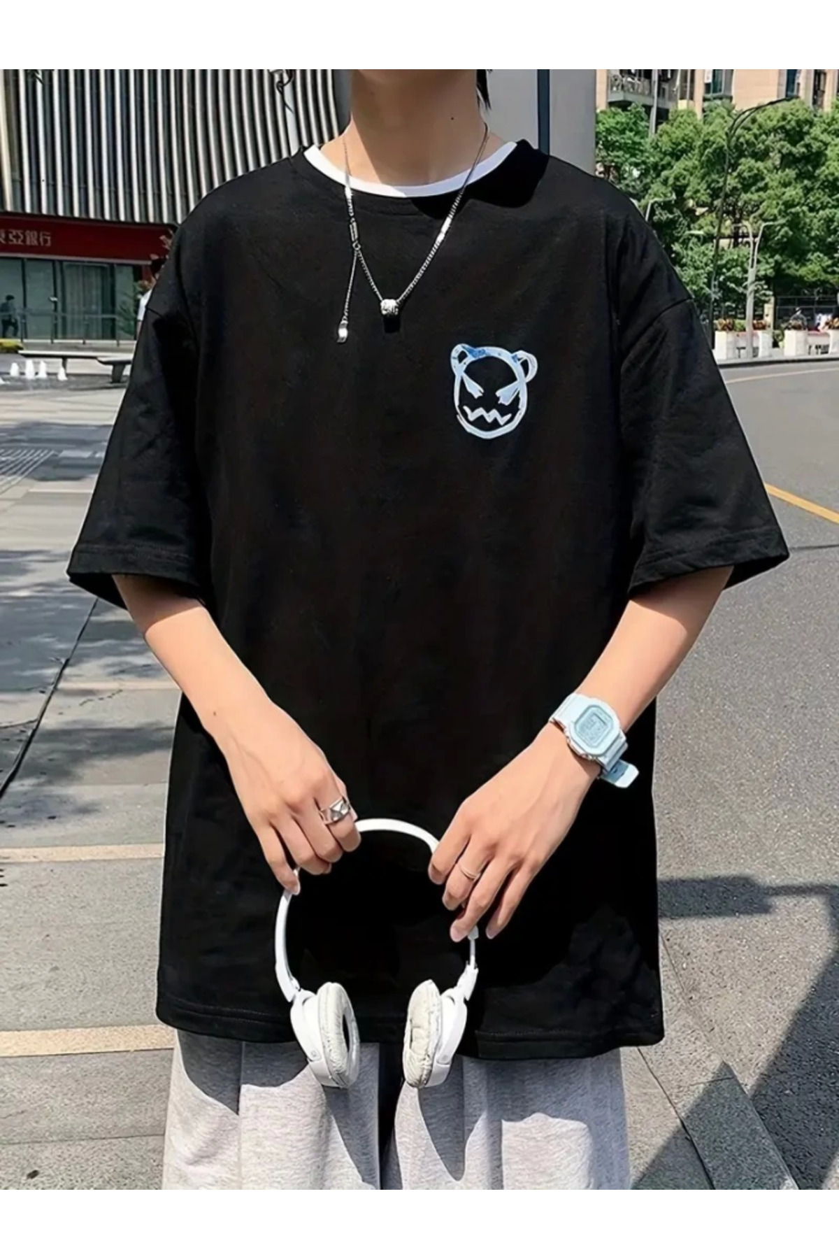 Baskılı Oversize Bisiklet Yaka T-shirt - Siyah