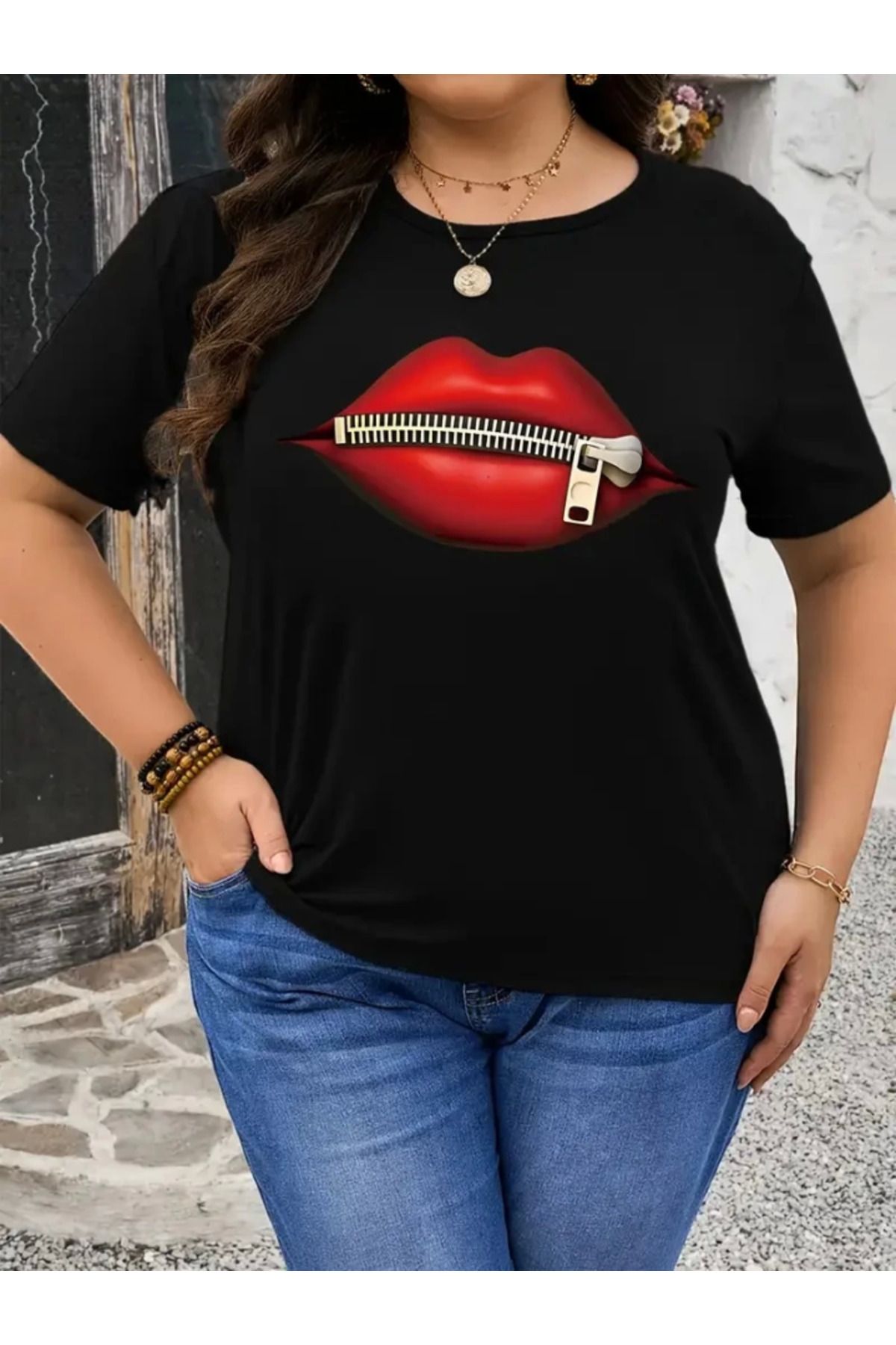 modamuvo Baskılı Oversize Bisiklet Yaka T-shirt - Siyah
