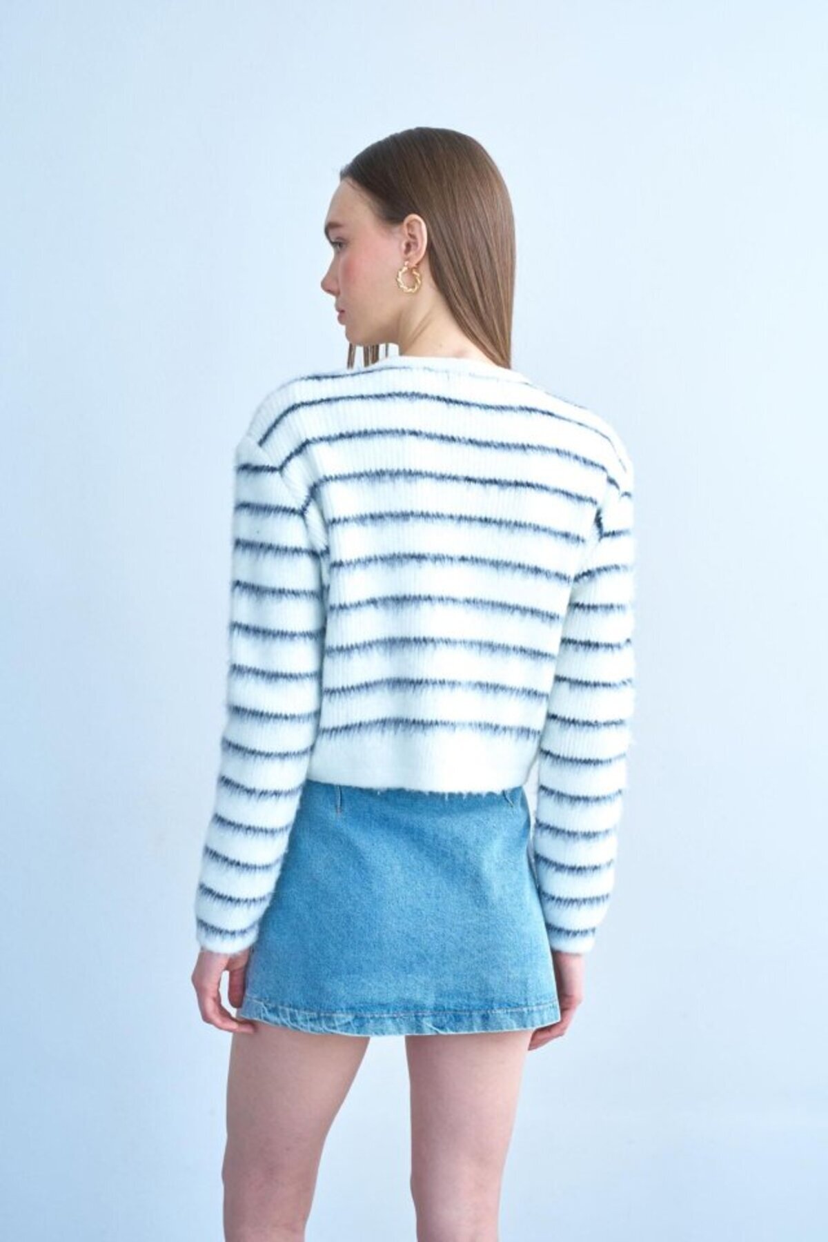 Simala-Ruffled Thin Striped Cardigan - Bone-Navy Blue 5