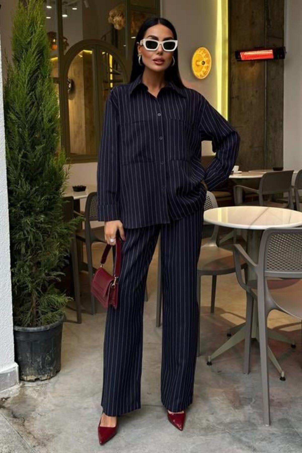 1001moda Palazzo Pantolonlu Çizgili Takım 10092