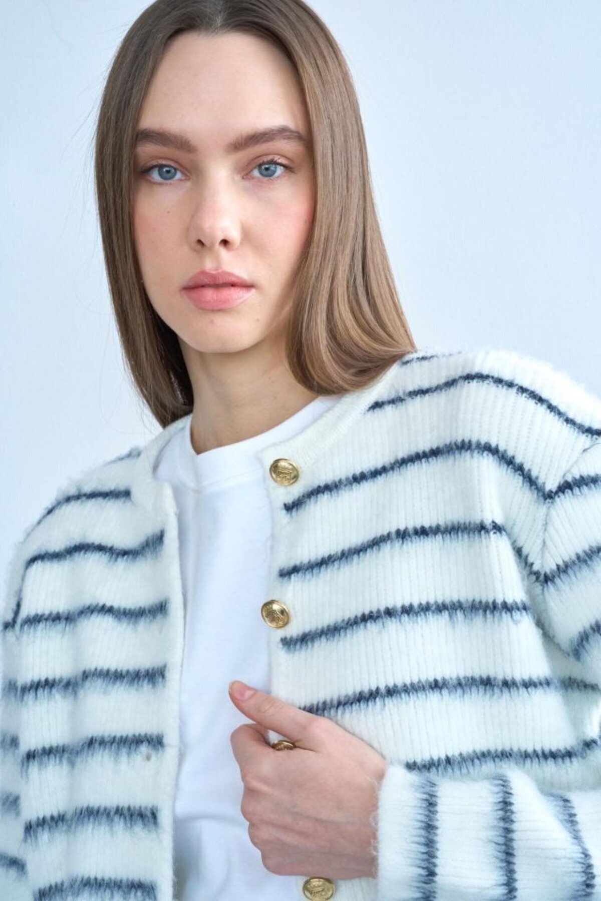 Simala-Ruffled Thin Striped Cardigan - Bone-Navy Blue 4