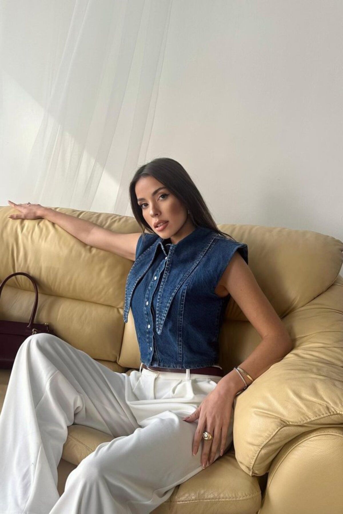 gelirr Mavi Yaka Detaylı Denim Crop