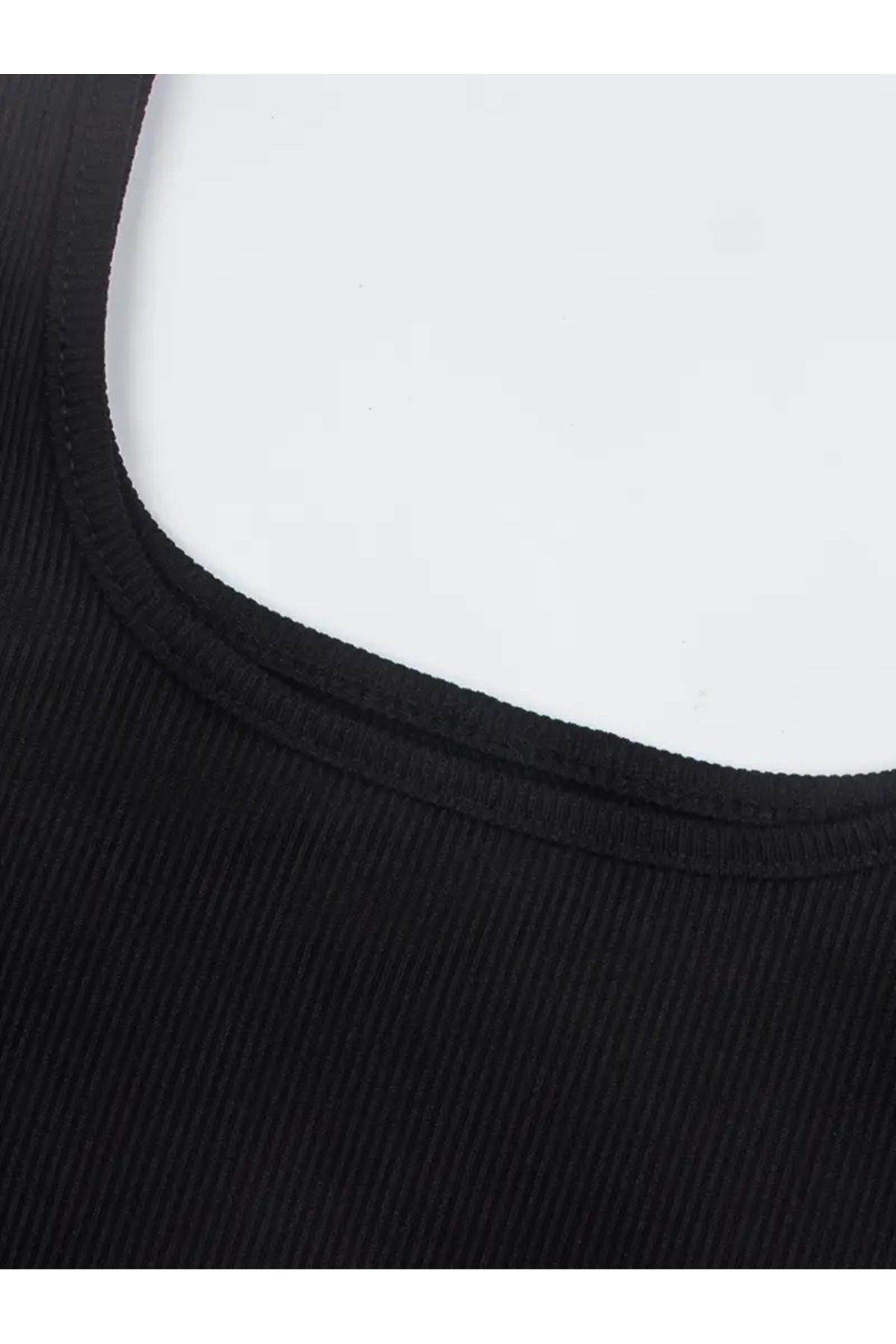 SHİBA-Crop Bluză cu nervuri cu guler pătrat Atlet negru 4
