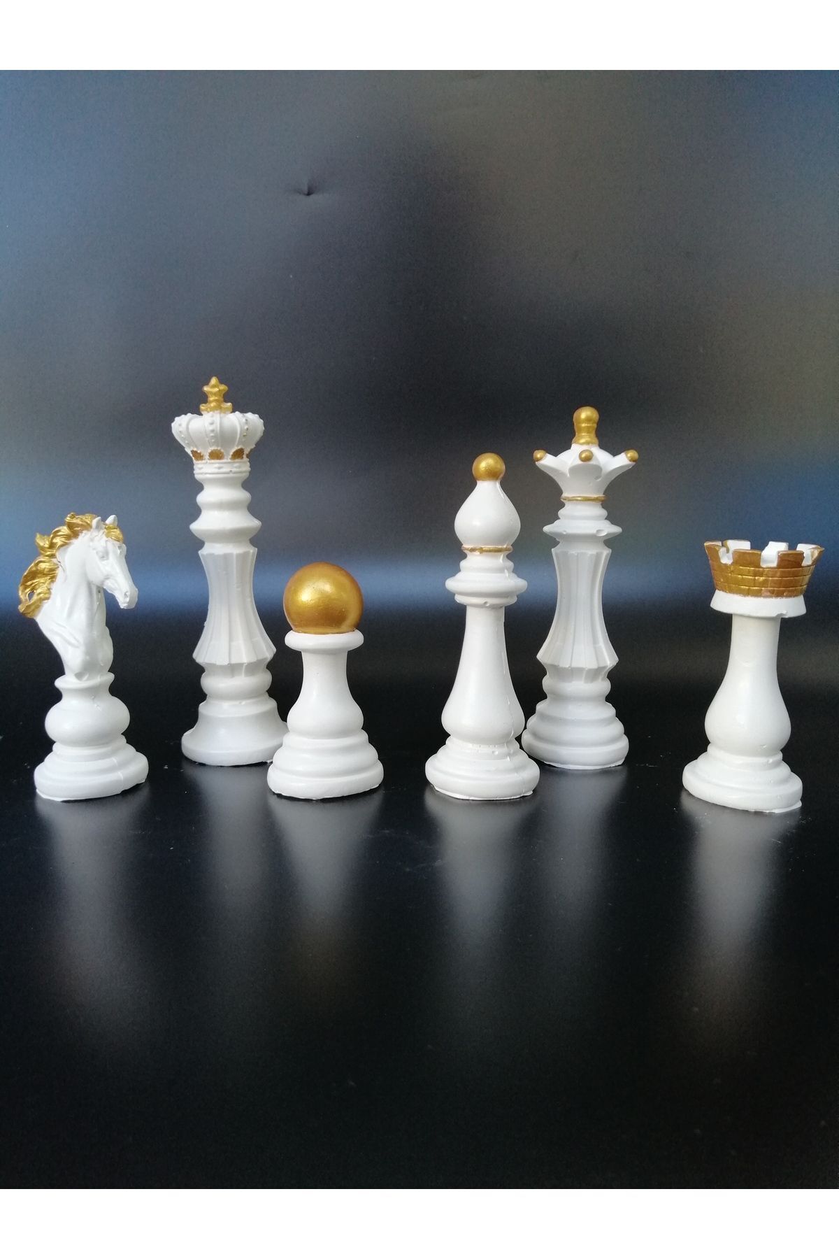 teknotrust Dekoratif 6lı Beyaz Gold Detaylı Satranç Biblo Set