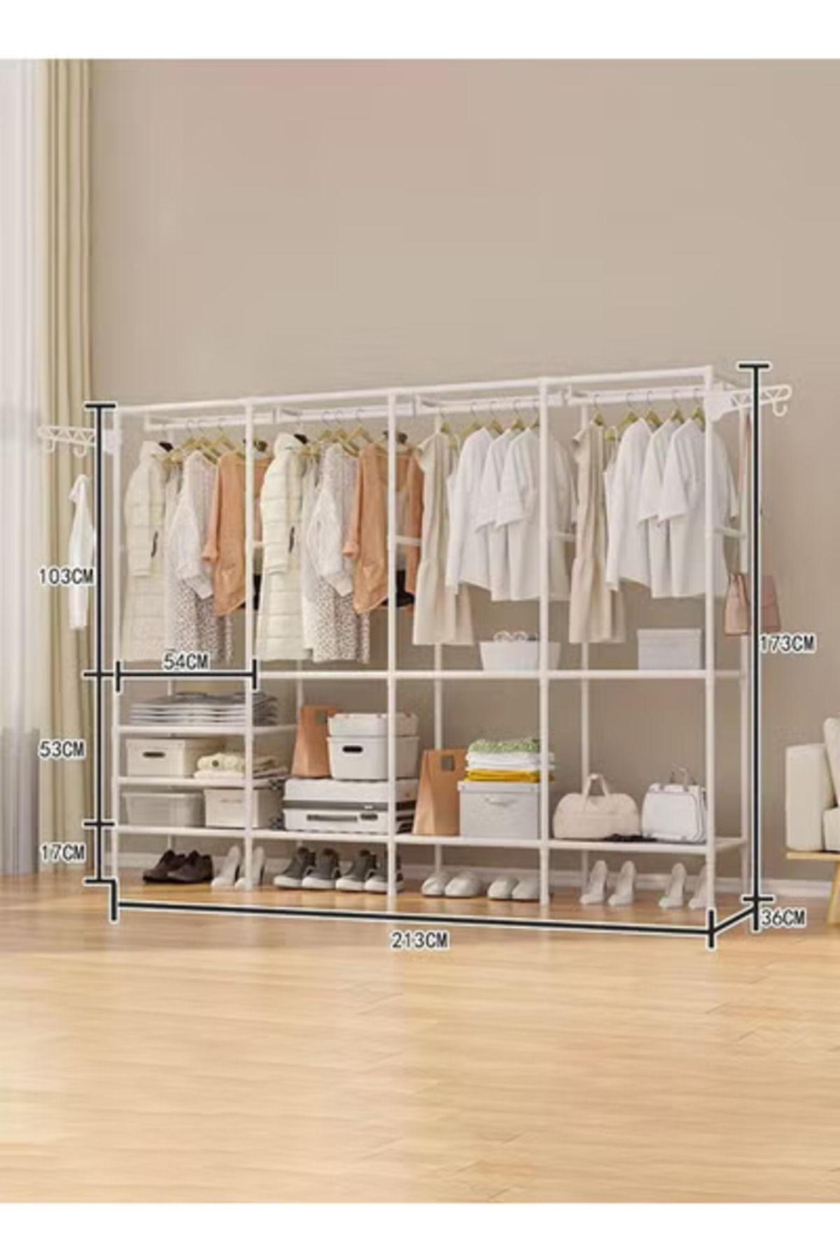 Taimi-Metal Clothes Organizer, Multi Functional With Four Sections And Poles For Hanging Clothes White 2