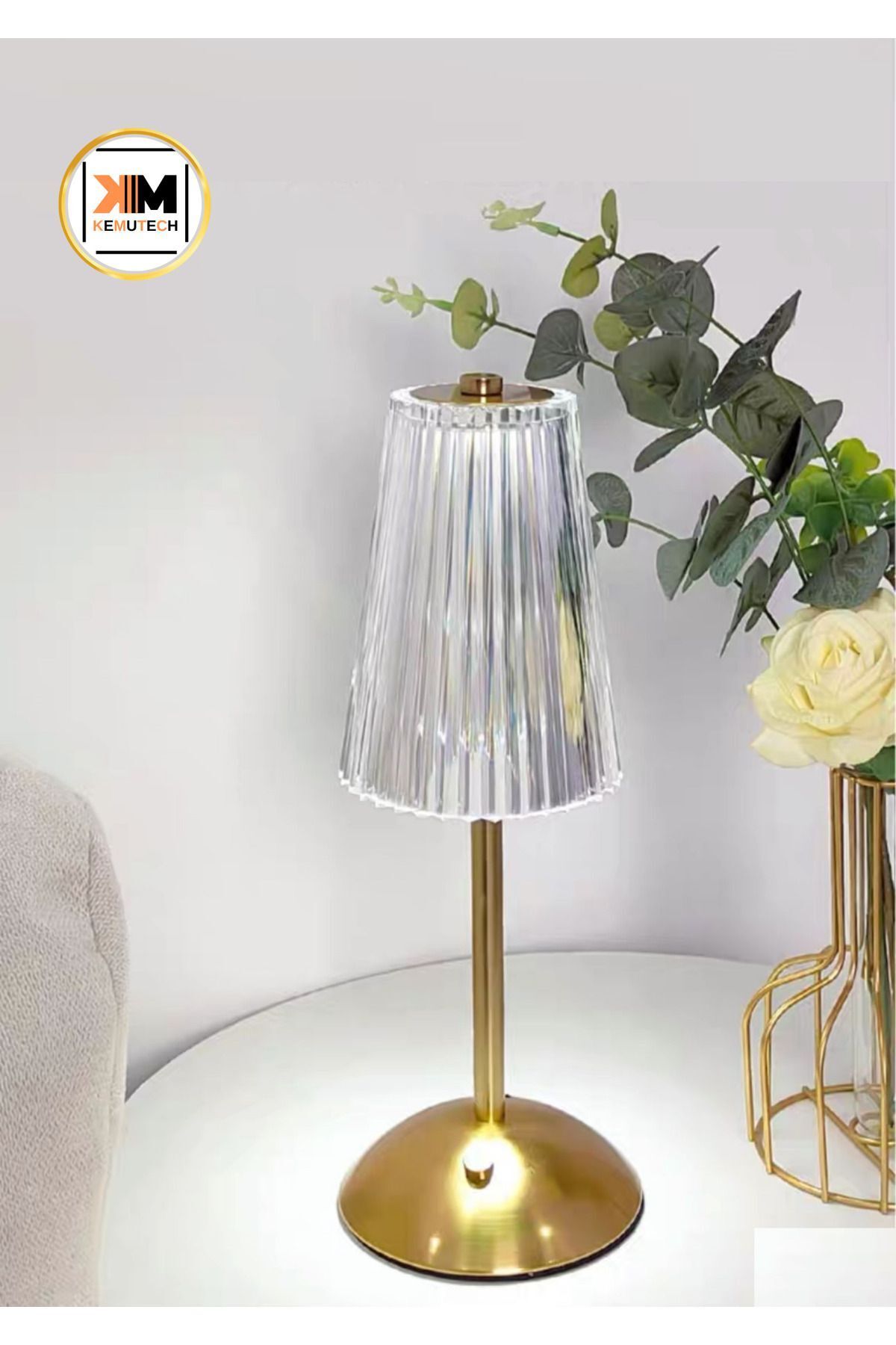 teknotrust DEKORATİF KRİSTAL ŞARJLI UZUN ÇİZGİLİ, GOLD LED ABAJUR, YILBAŞI MASA LAMBASI, DOKUNMATİK 3 RENK MOD