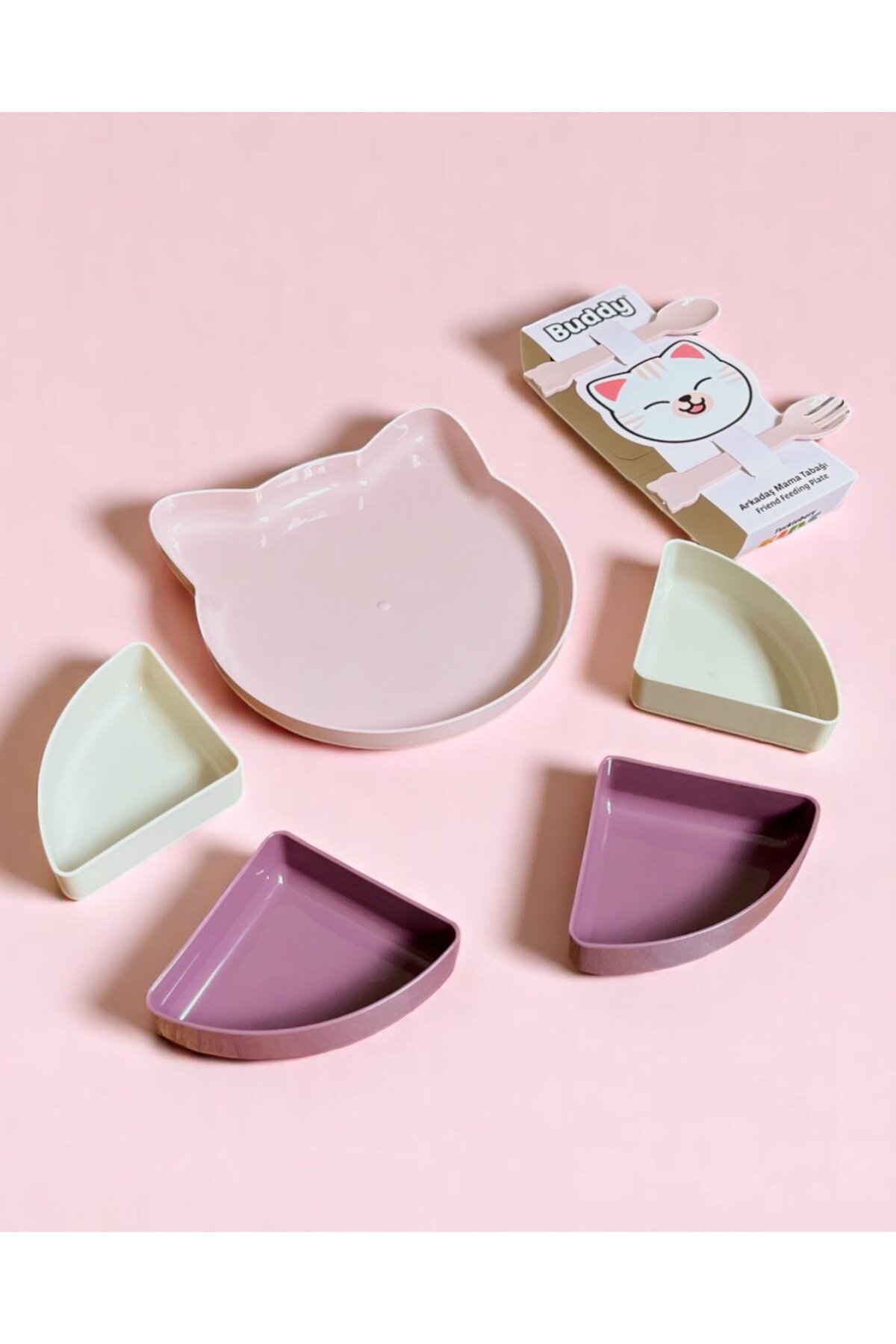 Tucklebery Buddy Mama Tabağı, Bebekler Ve Çocuklar Için 7 Parça Kedi Tepsili Tabak Seti - Pembe Mor Bej fotoğrafı 2 (önizleme)