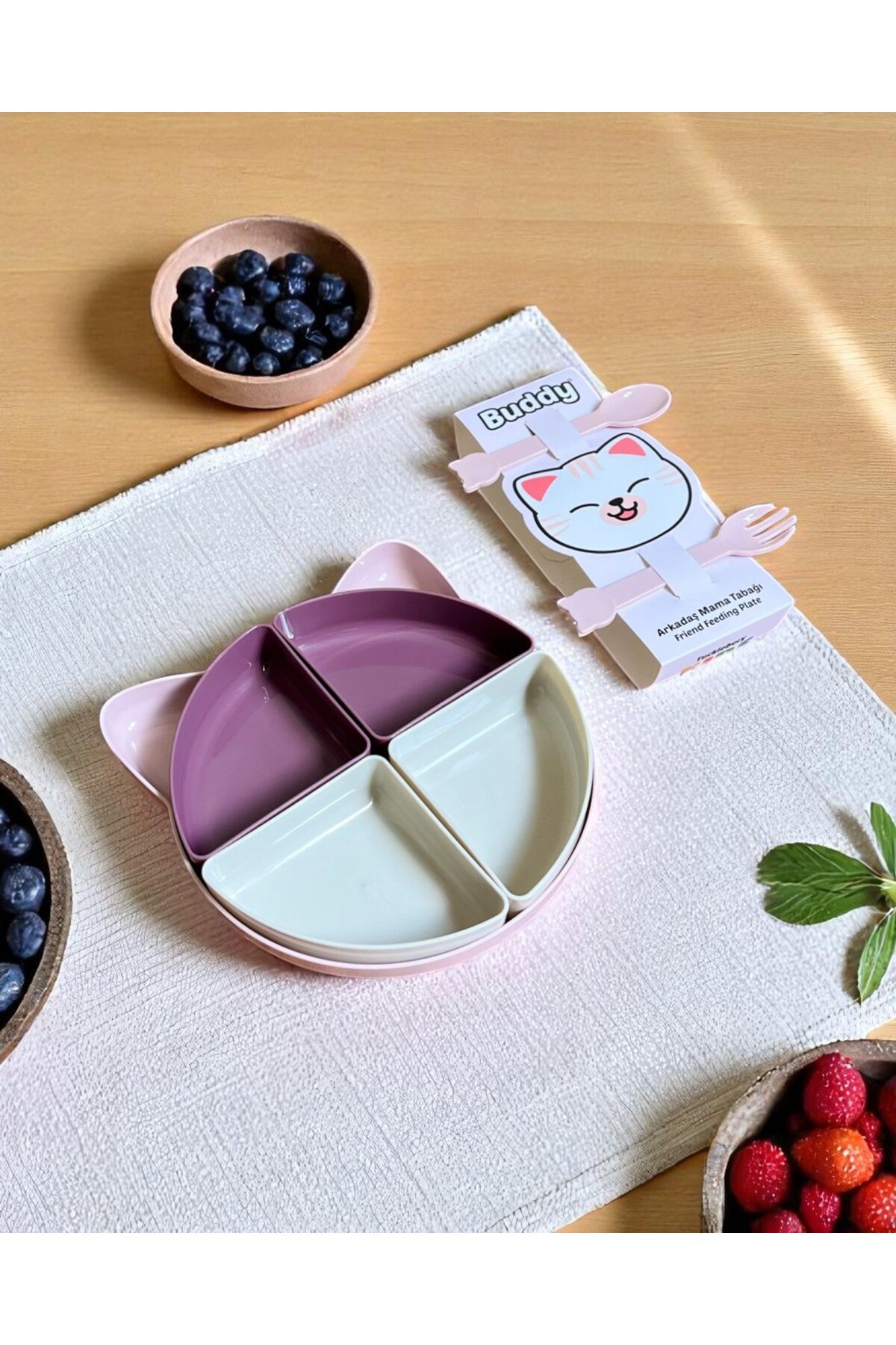 Tucklebery Buddy Mama Tabağı, Bebekler Ve Çocuklar Için 7 Parça Kedi Tepsili Tabak Seti - Pembe Mor Bej fotoğrafı 3 (önizleme)
