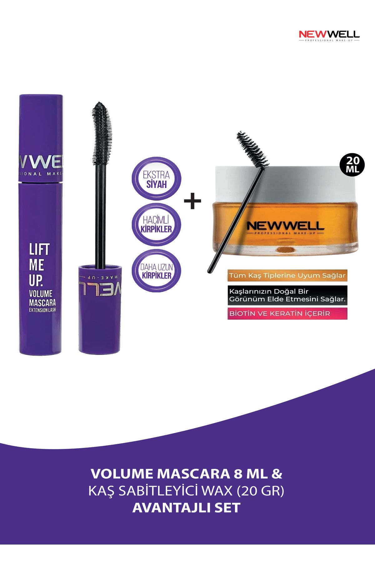 New Well Lift me up Volume Mascara 8 ml & Kaş Sabitleyici Wax (20 Gr) AVANTAJLI SET