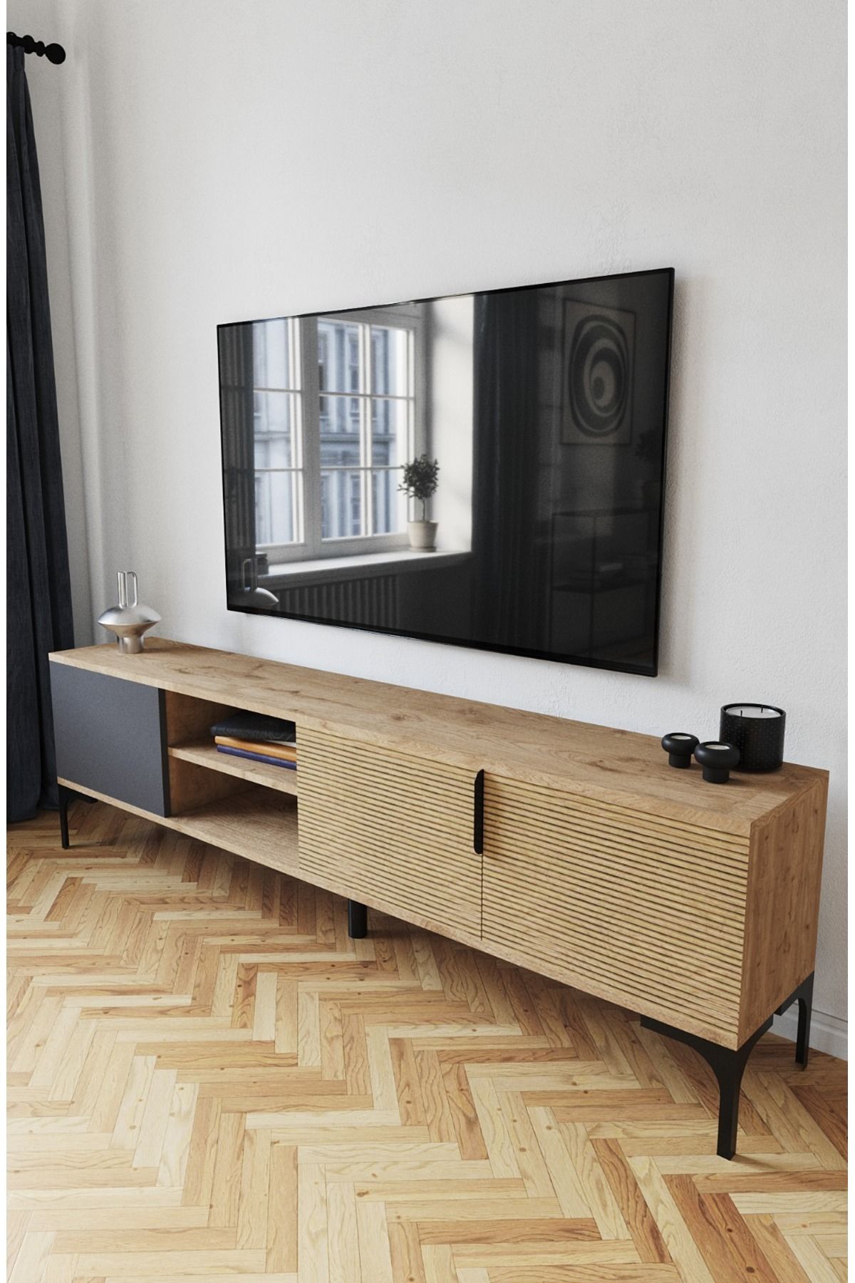 ALONEX HOME Vesta TV Ünitesi - 180 cm Modern Tasarım, Ekonomik Tv Ünitesi, Metal Kulp
