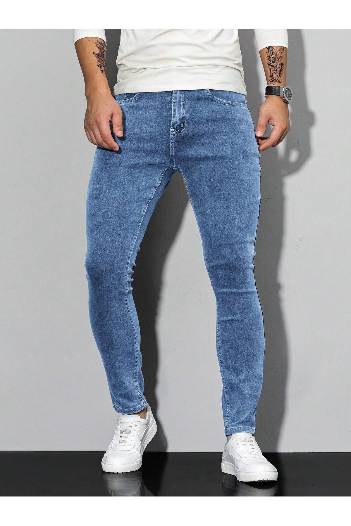 Erkek Mavi Slim Fit Denim Kot Pantolon Jean