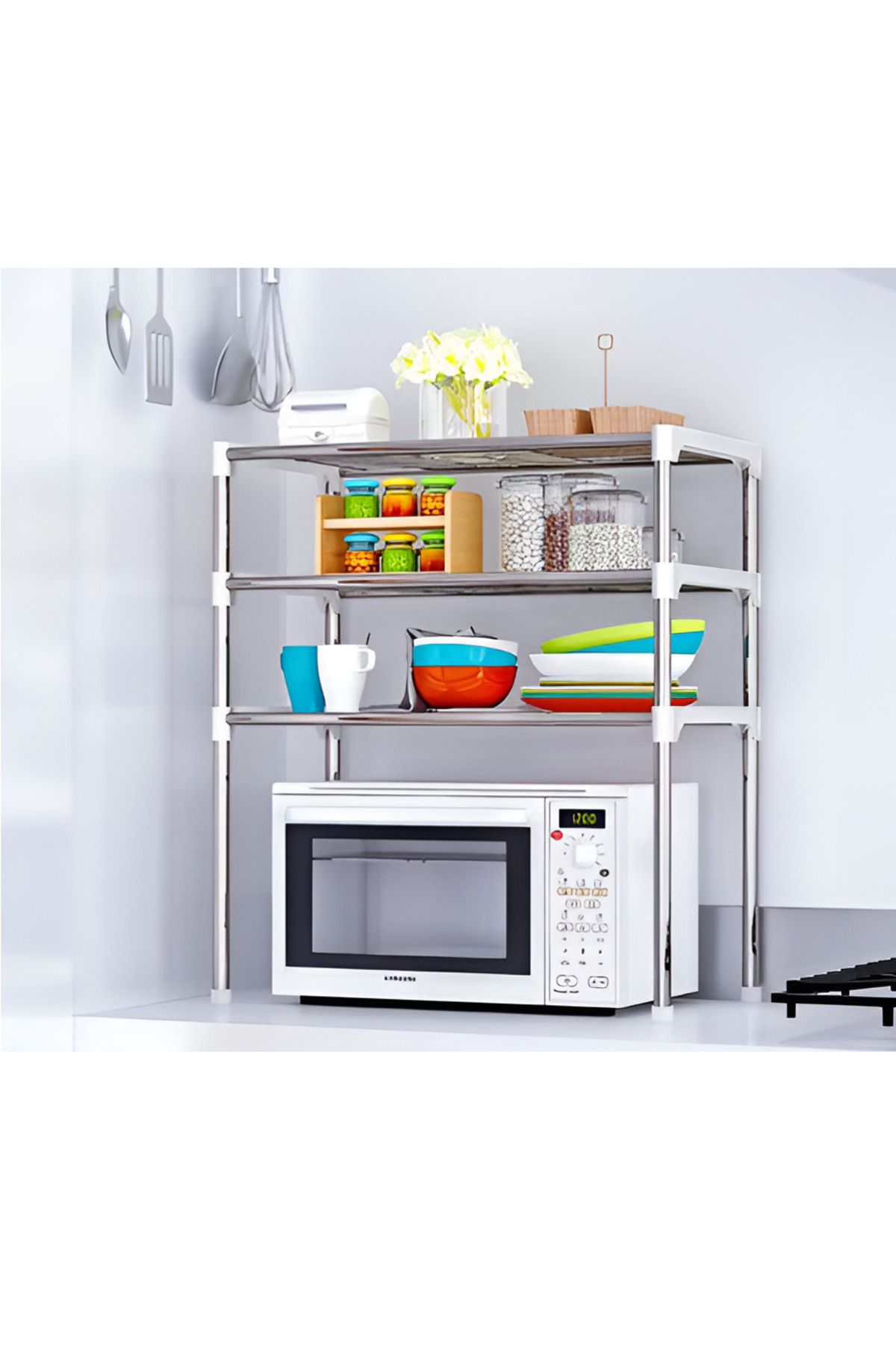 Herum Raft De Bucatarie Multifunctional Cu 3 Rafturi, Pentru Depozitare, Alb / Gri, 60 X 25 X 65 Cm - One Size