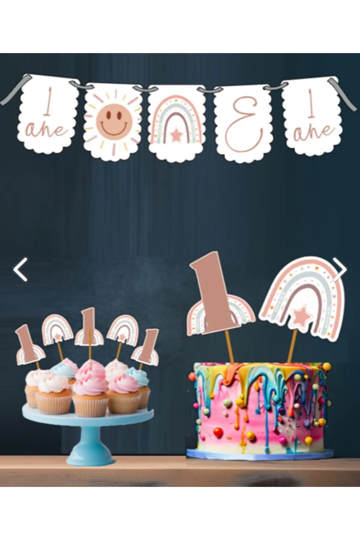 Hiras Dizayn Doğum Günü Süsü Bohem 1 Yaş Gökkuşağı Temalı 3 Lü Set One Banner Pasta Süsü Cupcake Kürdani