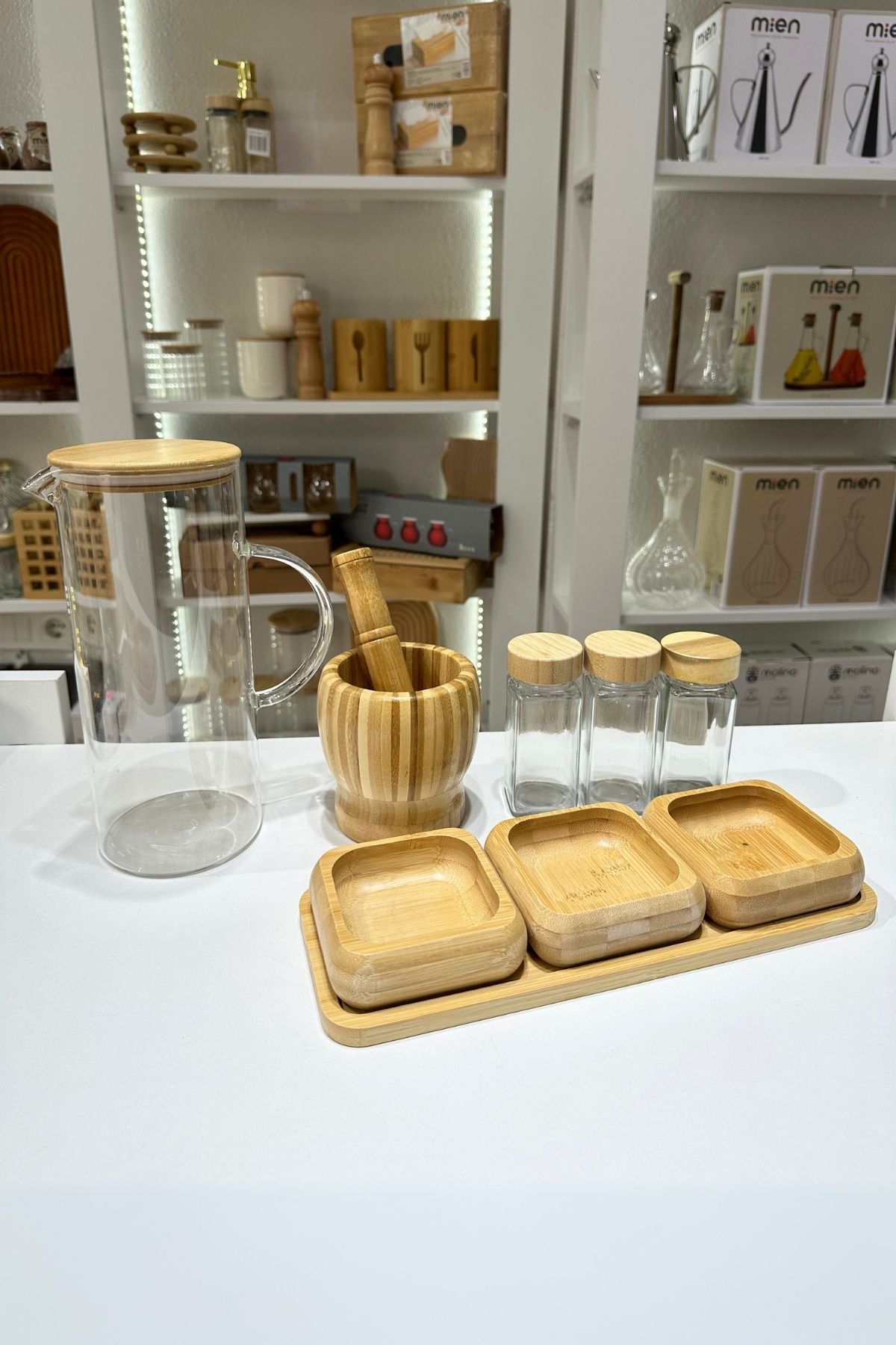 Homerest 10 Parça Bambu Çeyiz Set, Doğal Bambu Mutfak Seti, Mutfak Gereçleri, Sürahi, Tuzluk, Havan Çerezlik