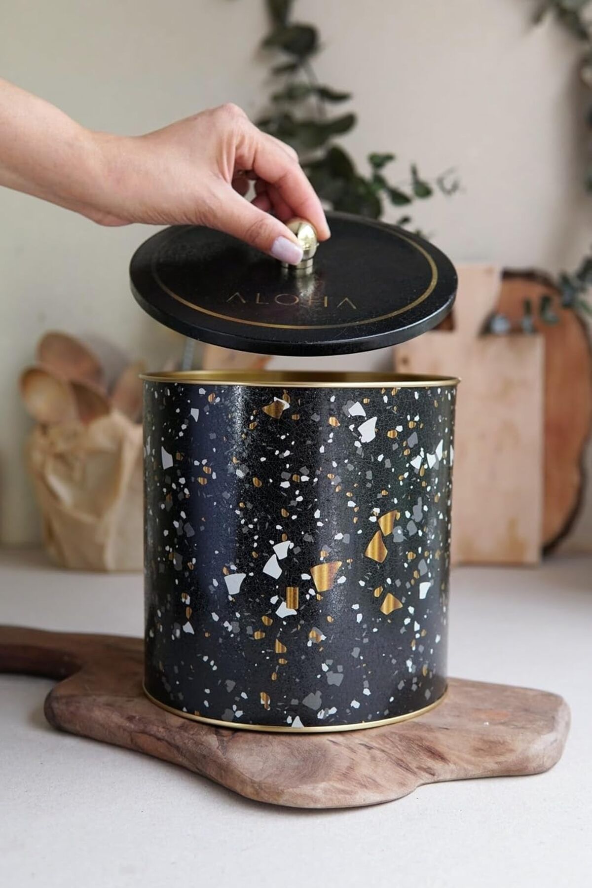 KDROĞLU KDROGLU Desenli Erzak Saklama Kabı - Metal Saklama Kabı 17,5 Cm X 18 Cm (Terrazzo Black) New Desin