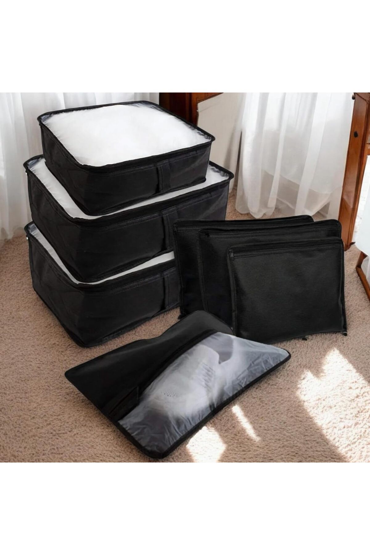 KDROĞLU KDROGLU Lüks 7 Parça Bavul Dolap Eşya Düzenleyici Pencereli Organizer Set, Siyah New Desing 1109