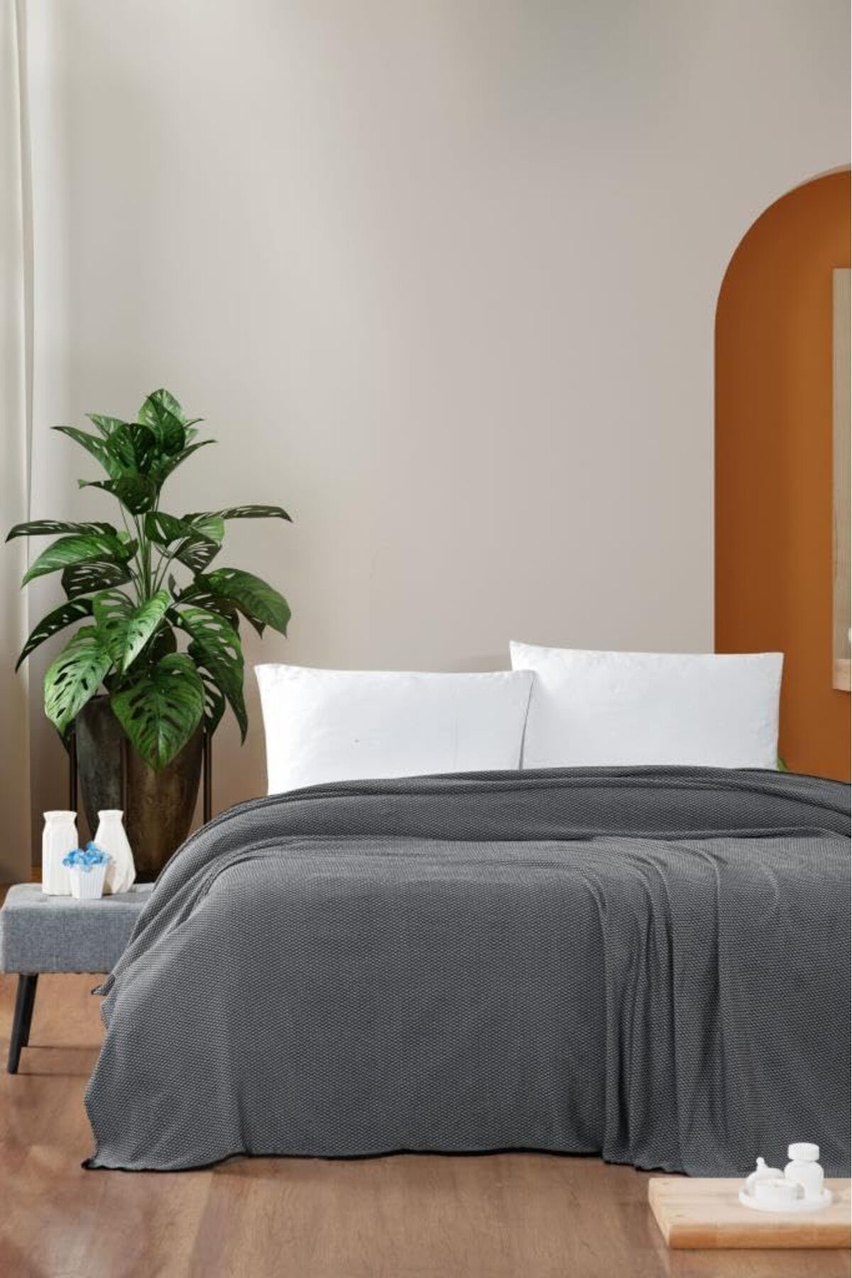 KDROĞLU KDROGLU Macar Tek Kişilik Pike Pamuklu Yatak Örtüsü 170x230 Antrasit New Desing 1109836