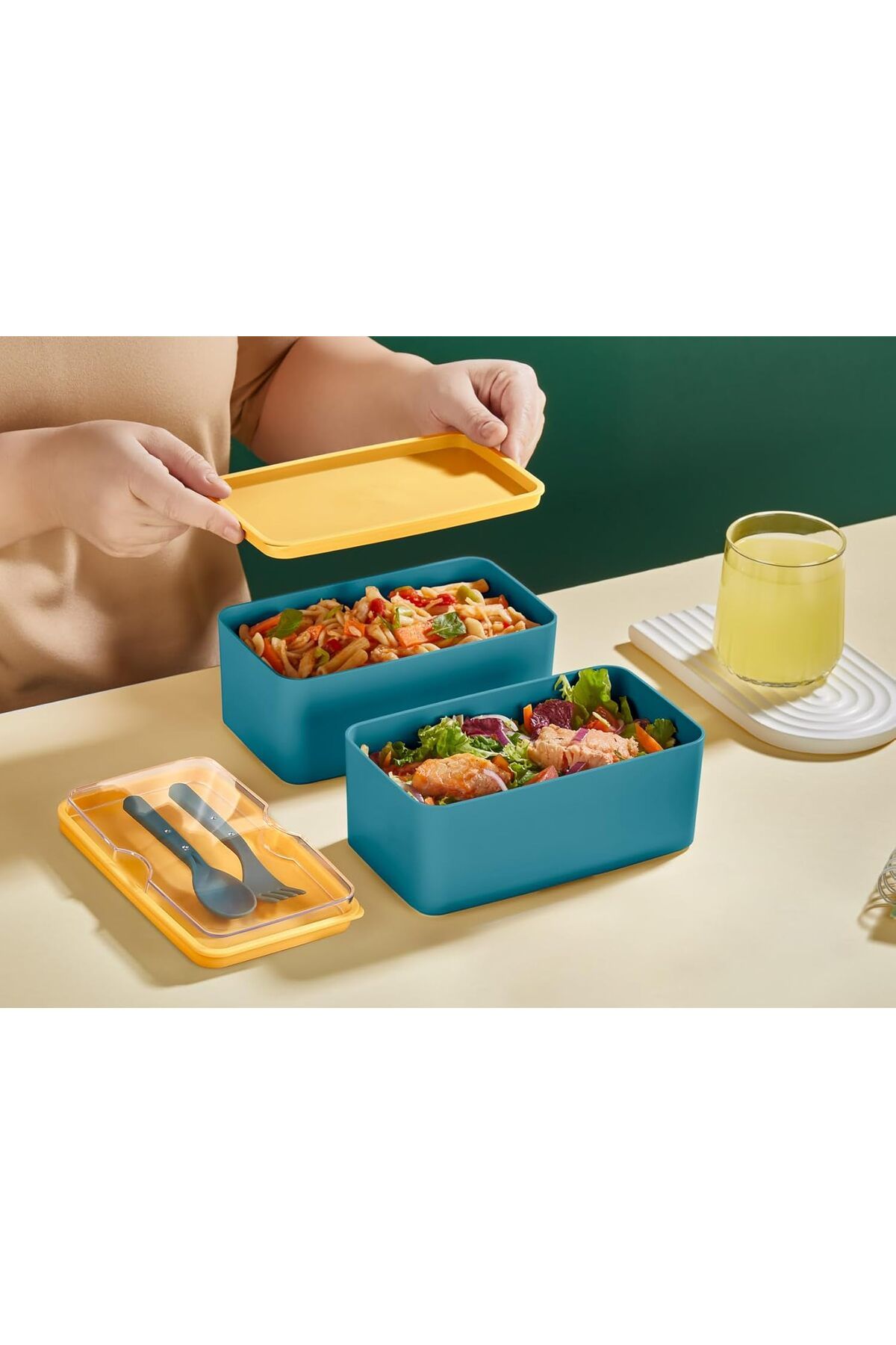 ÇAĞUR çağur Mega Boy 2 Katlı Yemek Saklama Kabı 2 Litre - Kendinden Çatal Kaşık Servisli Lunch Box