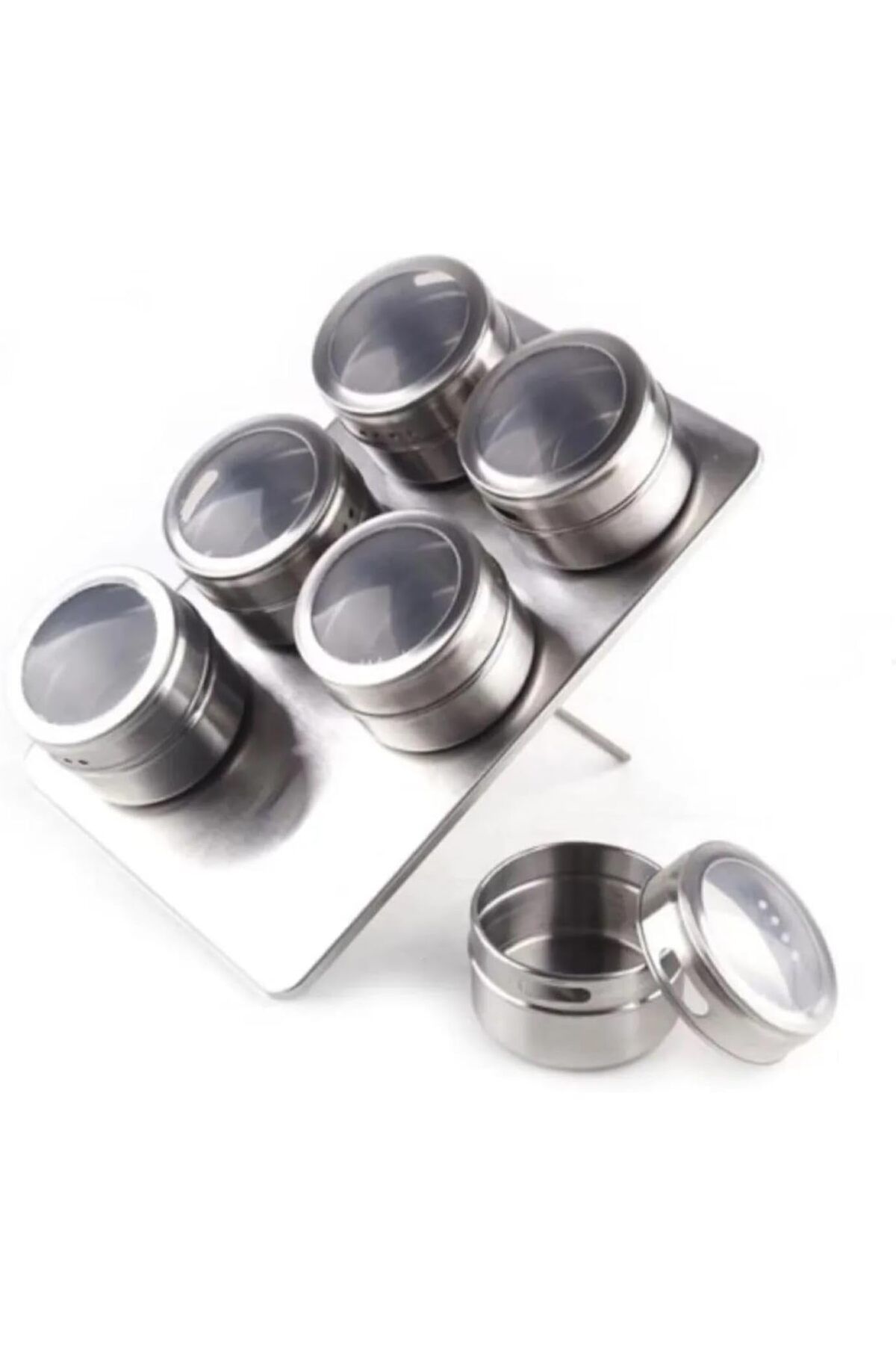 ÇAĞUR Manyetik Baharatlık Seti, Paslanmaz Çelik 6 Baharat Kavanozu ve Metal Stand, Şeffaf Kapak