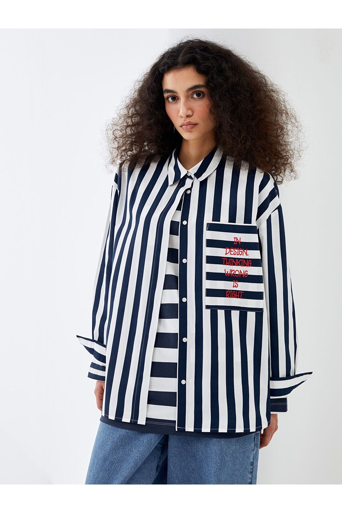 LC Waikiki Çizgili Uzun Kollu Oversize Poplin Kadın Gömlek Tunik
