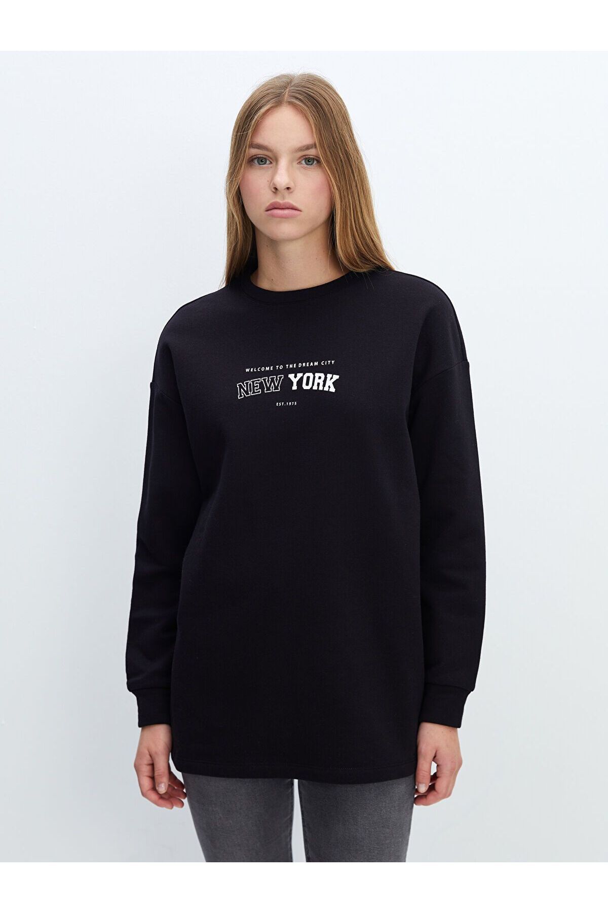 LC Waikiki Bisiklet Yaka Baskılı Oversize Kadın Kalın Sweatshirt Tunik