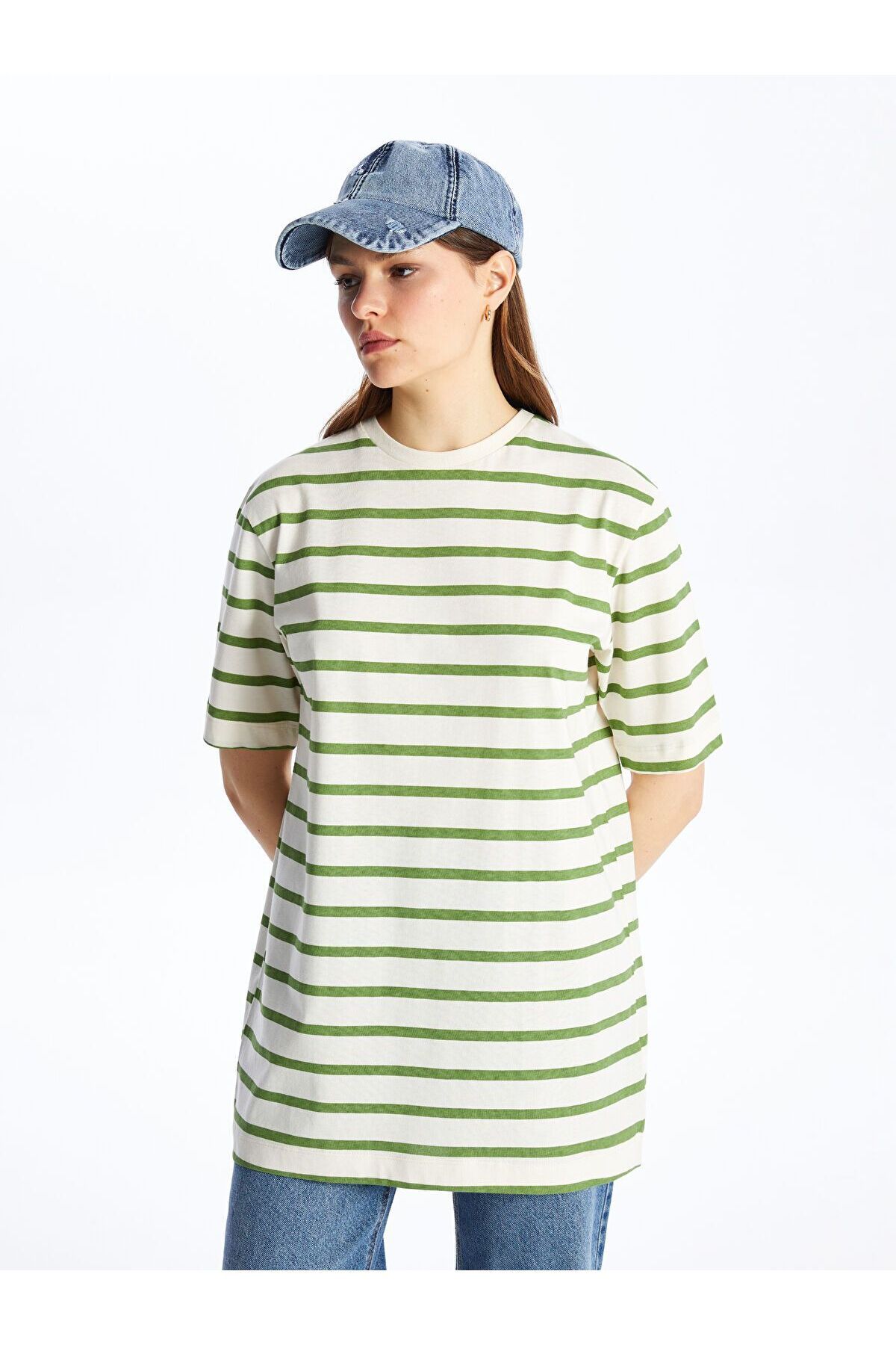 LC Waikiki Bisiklet Yaka Çizgili Kısa Kollu Oversize Kadın Tunik