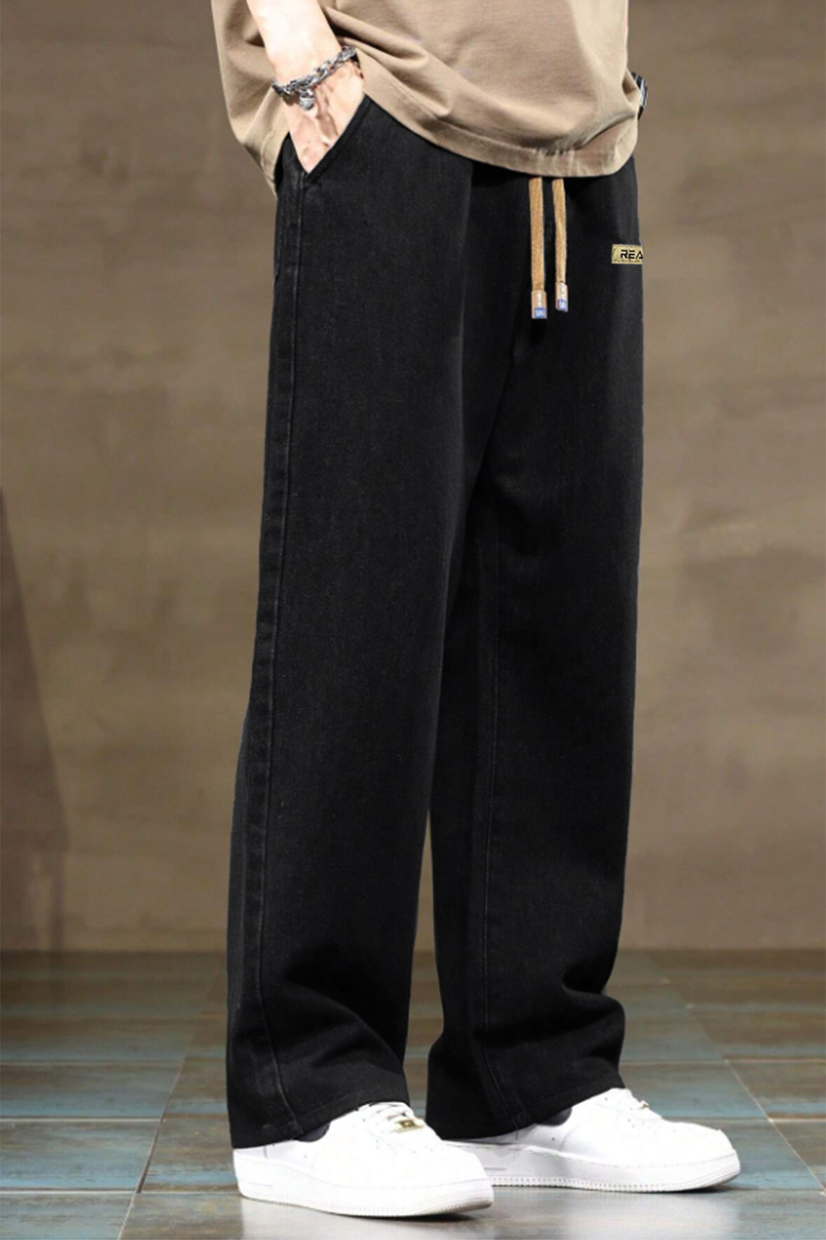 THE RULE  Erkek Siyah Baggy Beli Lastikli Likralı Düz Paça Bol Kesim Rahat Denim Jean Pantolon RF0480 - Görsel 4