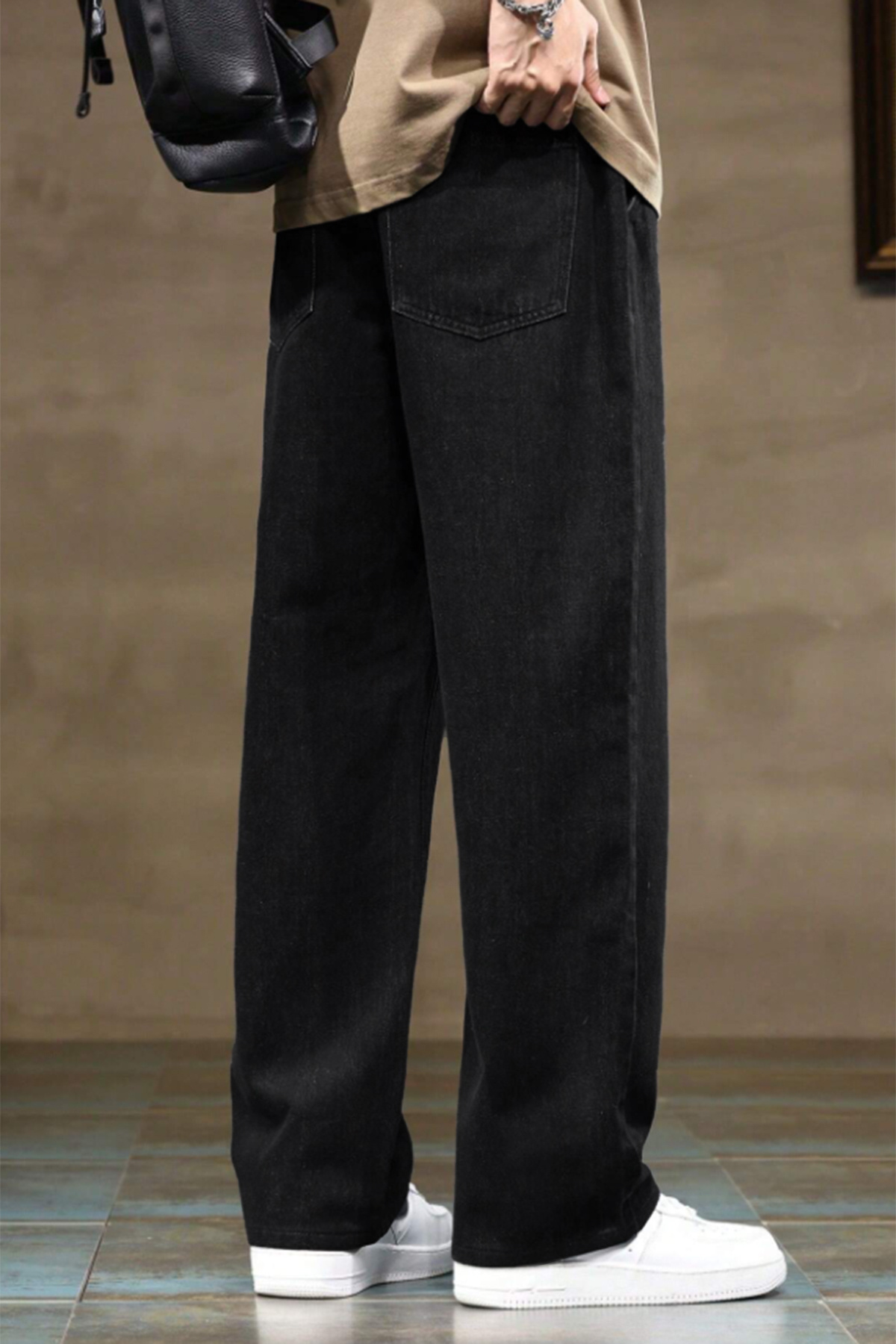 THE RULE  Erkek Siyah Baggy Beli Lastikli Likralı Düz Paça Bol Kesim Rahat Denim Jean Pantolon RF0480 - Görsel 5