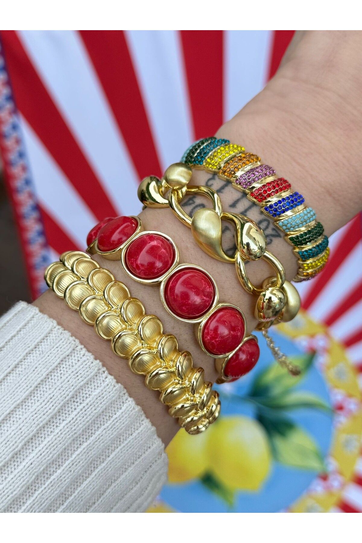 MyladyAccessoriess-Special Series Opal Stone and Rubber Detailed Brass Plated Bracelet Red 3