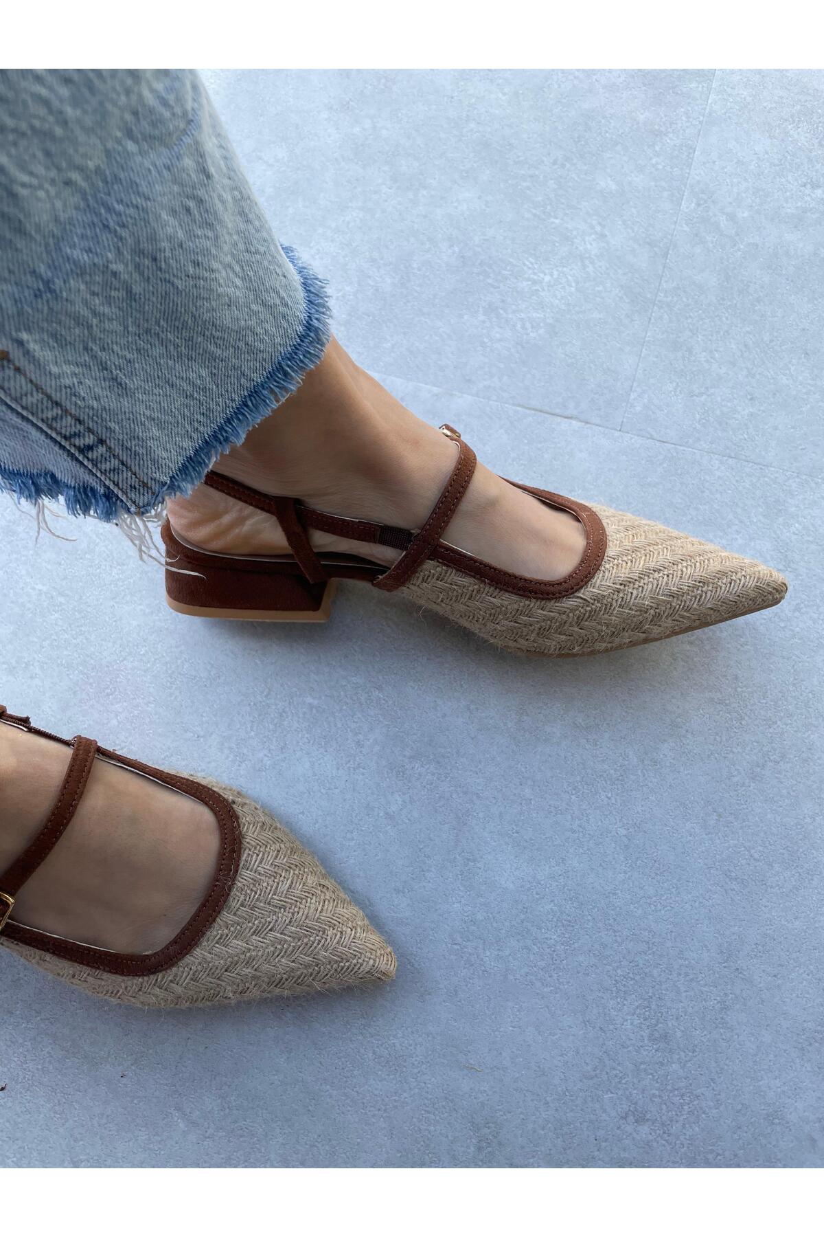 Elvinin Tarzı  Lexa Sivri Burun Hasır Taba Süet Topuklu Ayakkabı - Görsel 6