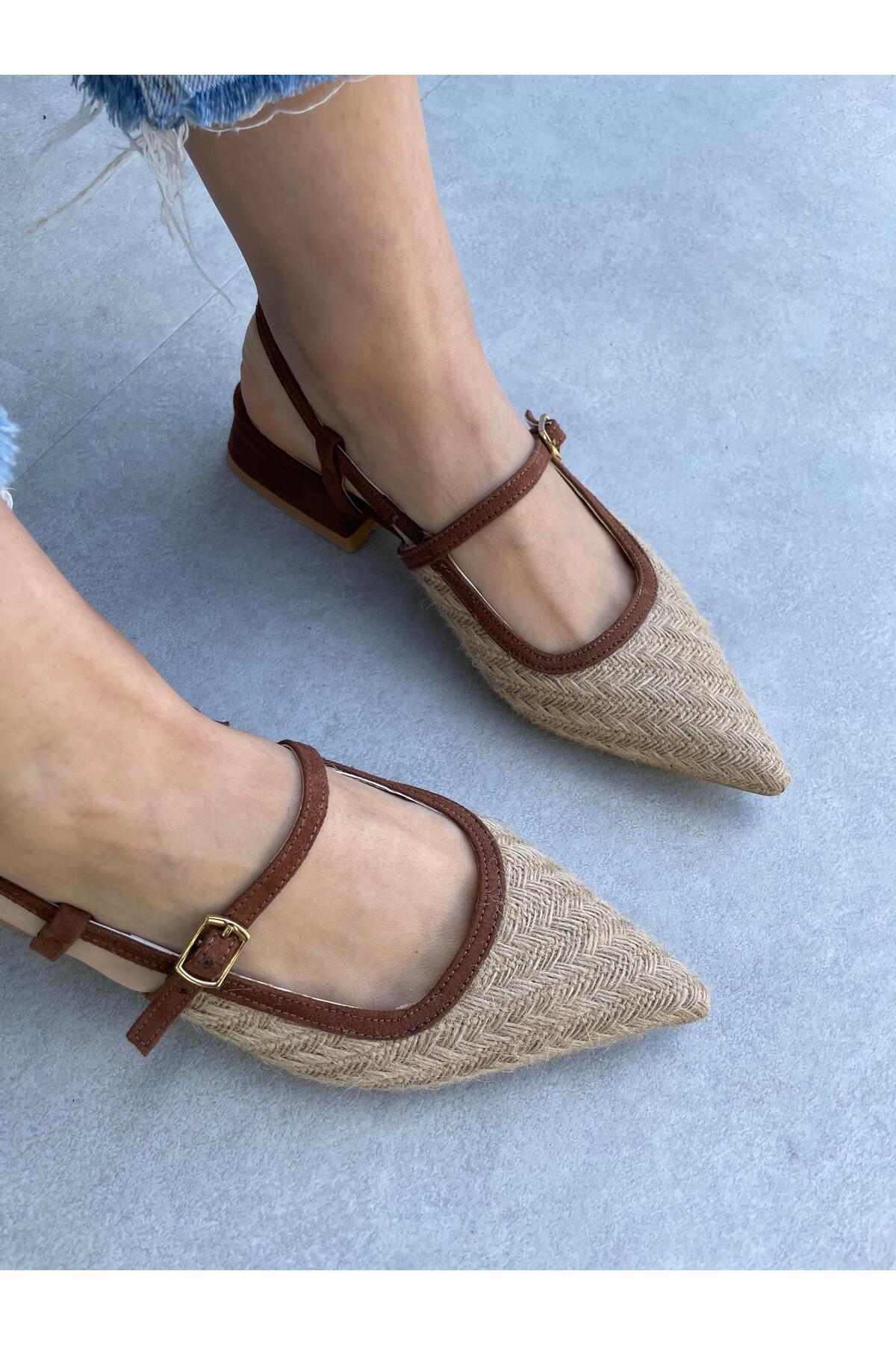 Elvinin Tarzı  Lexa Sivri Burun Hasır Taba Süet Topuklu Ayakkabı - Görsel 4