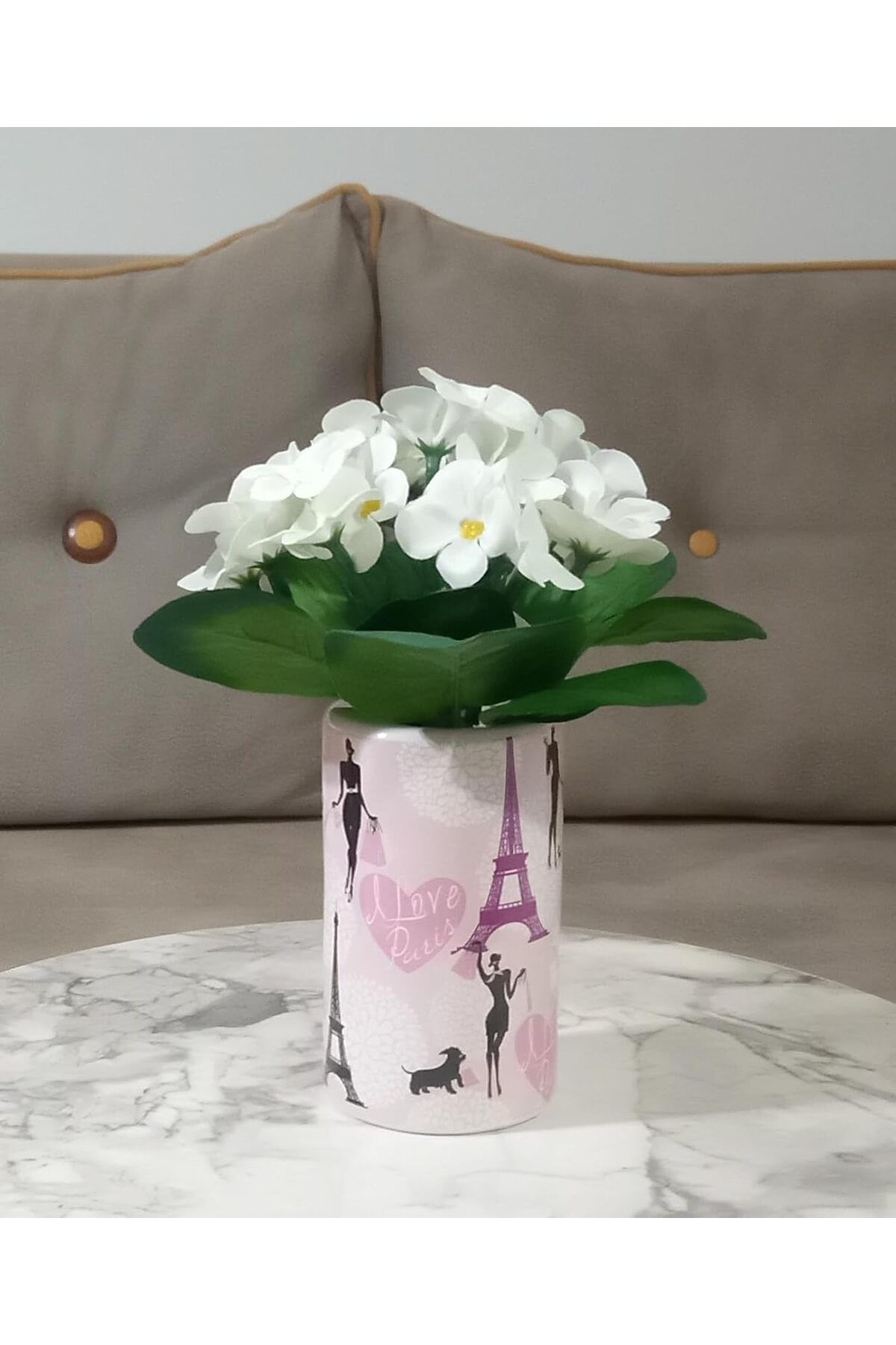 STOREMAX OZN DAHİL,VAZO DAHİL,VAZODA ÇİÇEK,BEYAZ YAPAY ÇİÇEK,VAZO DEKORATİF KIZLI PARİS DESENLİ 7X