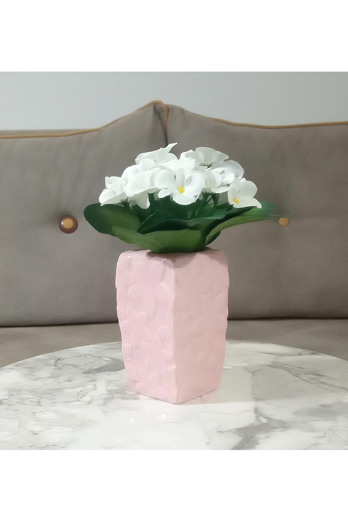 Mu Art Ahşap Mrt DAHİL,VAZO DAHİL,VAZODA ÇİÇEK,BEYAZ YAPAY ÇİÇEK,VAZO DEKORATİF ÇİÇEKLİ PEMBE 7X7X17