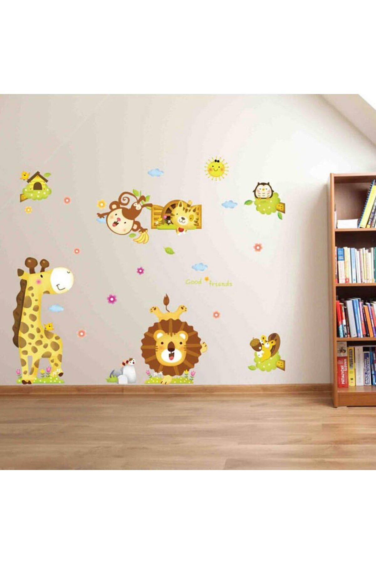 Mu Art Ahşap Mrt karikatür hayvanlar – Aslan Tigers Giraffe sevimli Maymun – Çıkarılabilir Duvar Çıkart