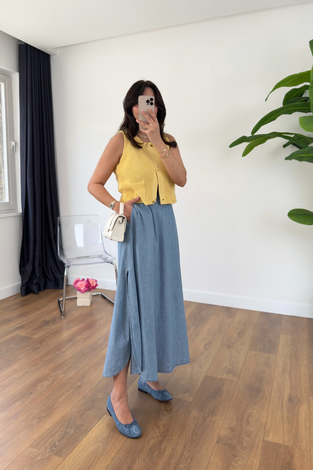 BİRCANÇİL-Gerrena Yellow Knitwear Gold Buttoned Pocket Vest 4