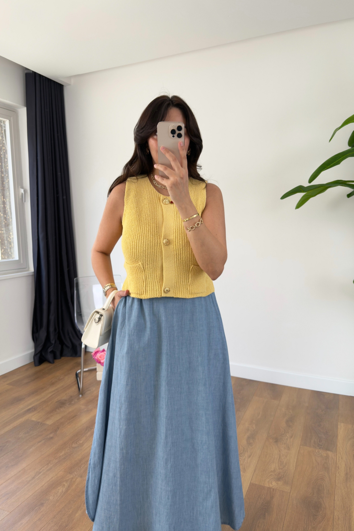 BİRCANÇİL-Gerrena Yellow Knitwear Gold Buttoned Pocket Vest 5