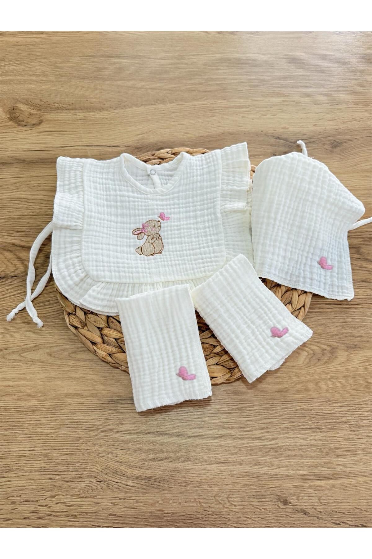 Tosbik tasarım 4 kat müslin tavşan nakışlı bebek önlük bebek mendili / Müslin bebek önlük