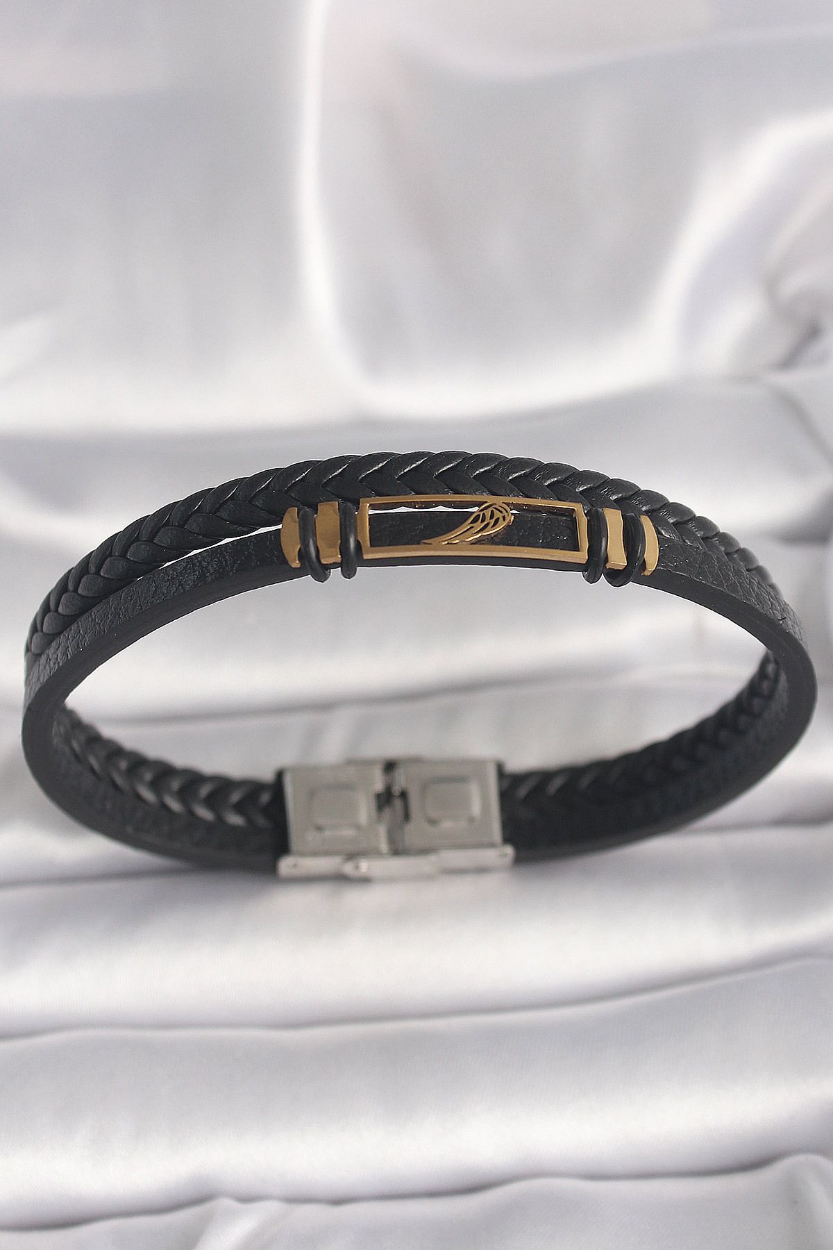 STİLLOVE 316L Çelik Gold Renk Kanat Aksesuarlı Siyah Burgu Model Deri Kordon Erkek Bileklik SL10915
