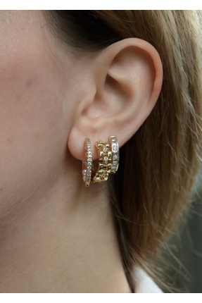 Home Sihra Accessories Zincir model inci detaylı gold renk üçlü halka küpe seti