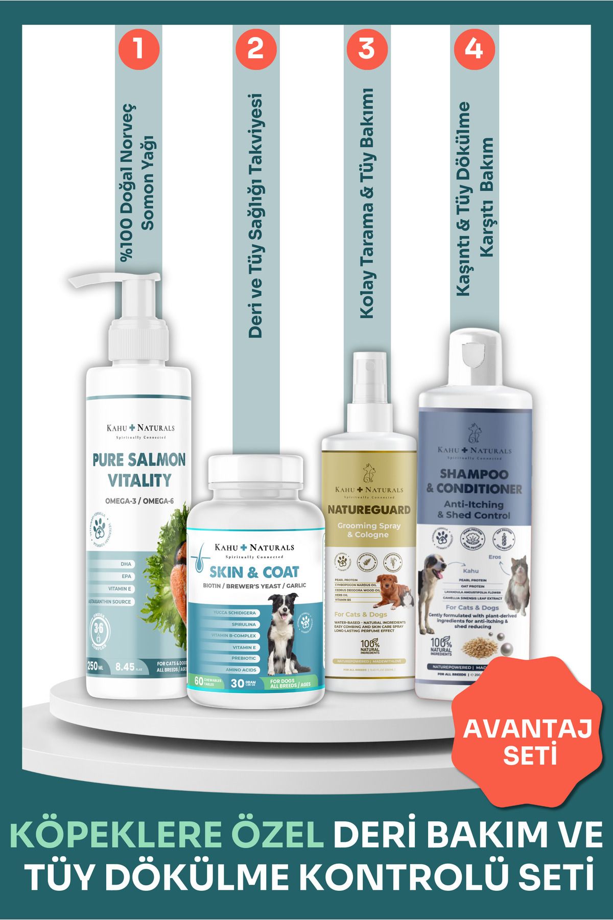 Kahu Naturals Spiritually Connected Kahu Naturals Köpeklere Özel Deri Bakım ve Tüy Dökülme Kontrol Seti 4’lü
