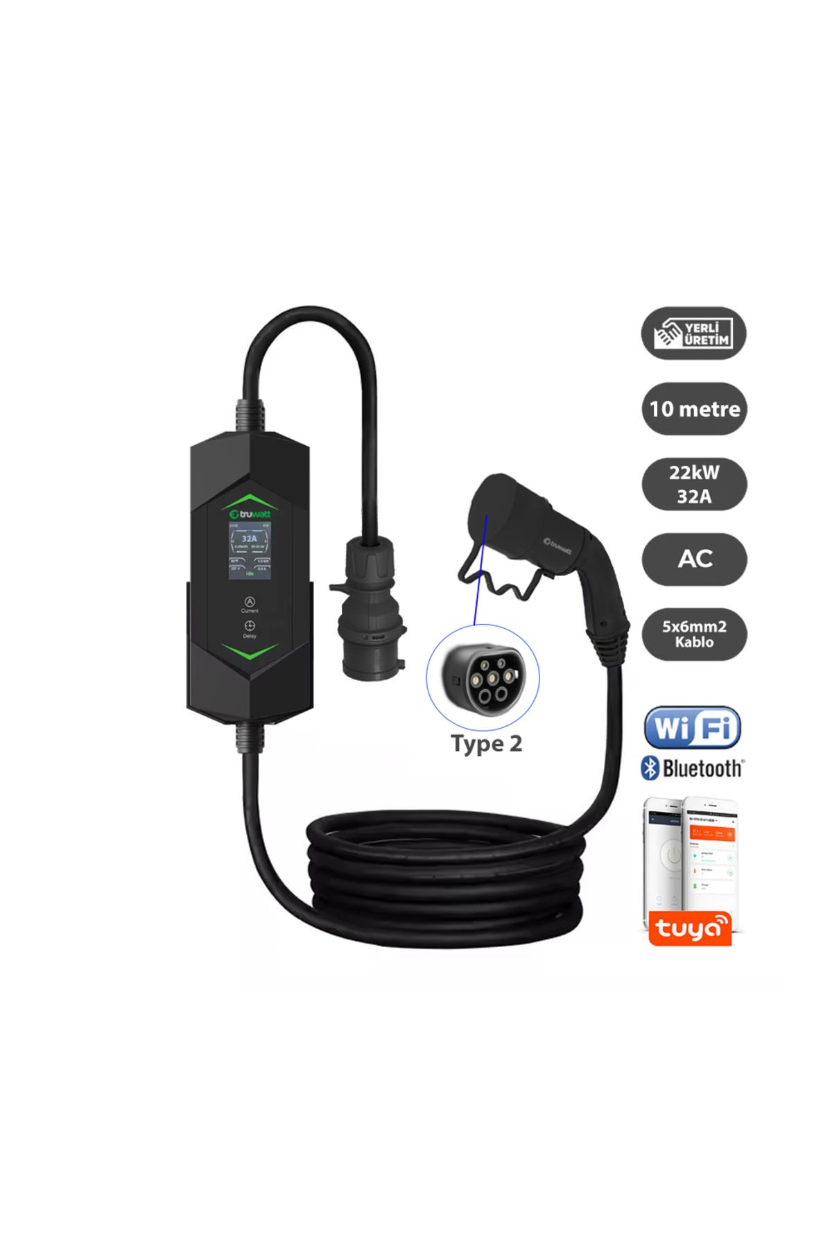 Truwatt ZT510 Taşınabilir Elektrikli Araç Şarj Cihazı 32A/22kW/380V (10 metre)