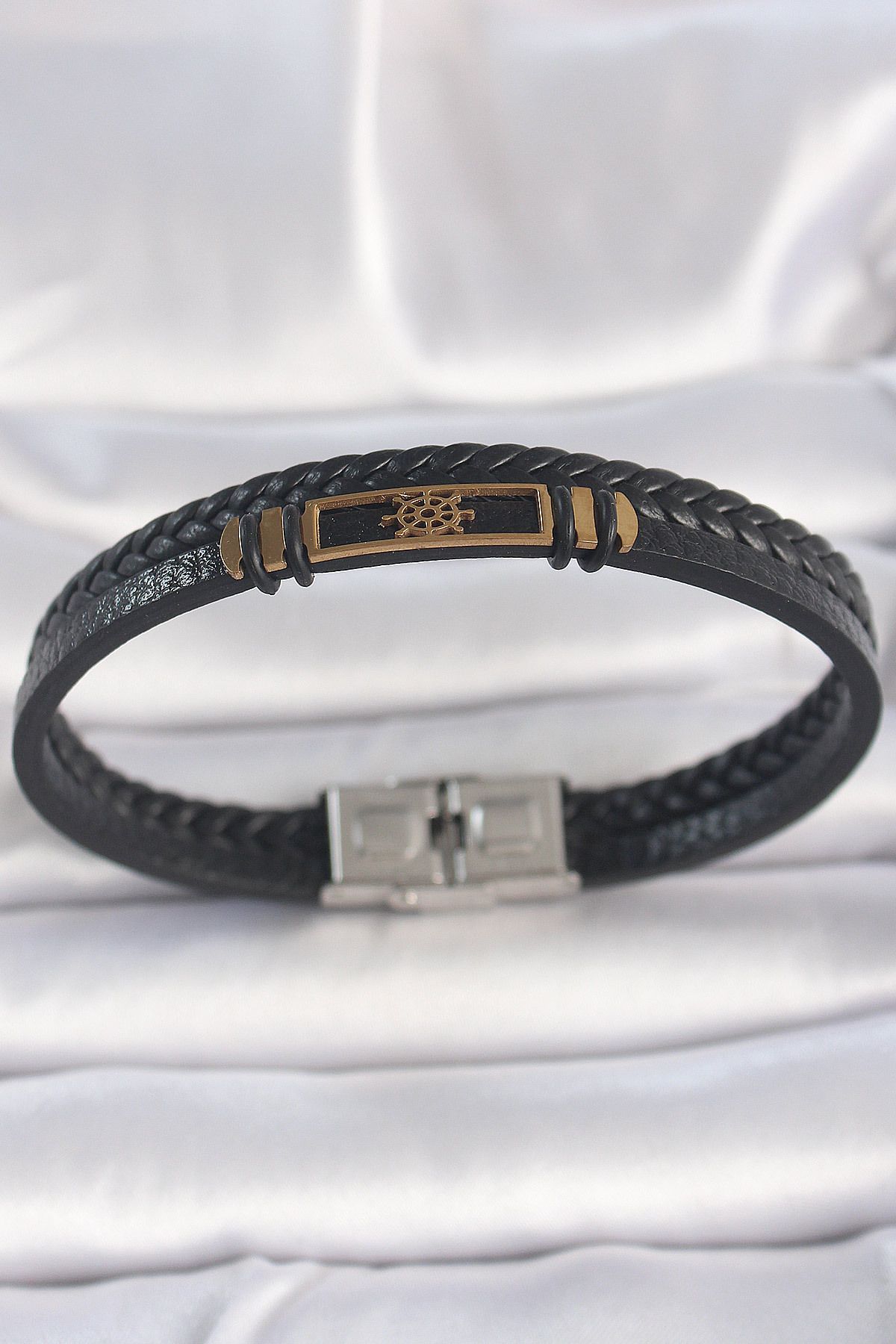 STİLLOVE 316L Çelik Gold Renk Gemi Dümeni Aksesuarlı Çift Sıra Burgu Desenli Deri Kordon Erkek Bileklik SL109