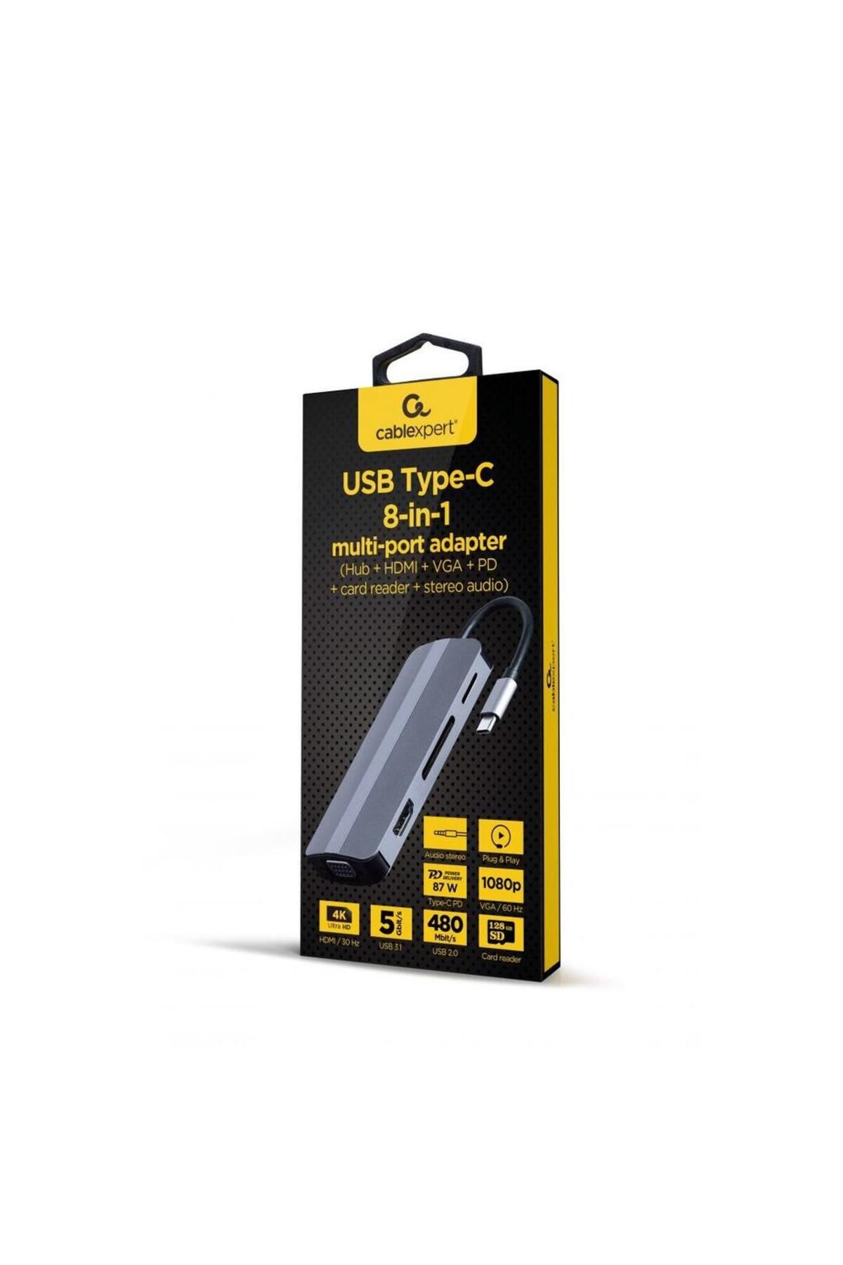 Gembird-HUB USB Gembird 8-în-1 A-CM-COMBO8-02, HDMI, VGA, USB, USB tip C (Gri) 3