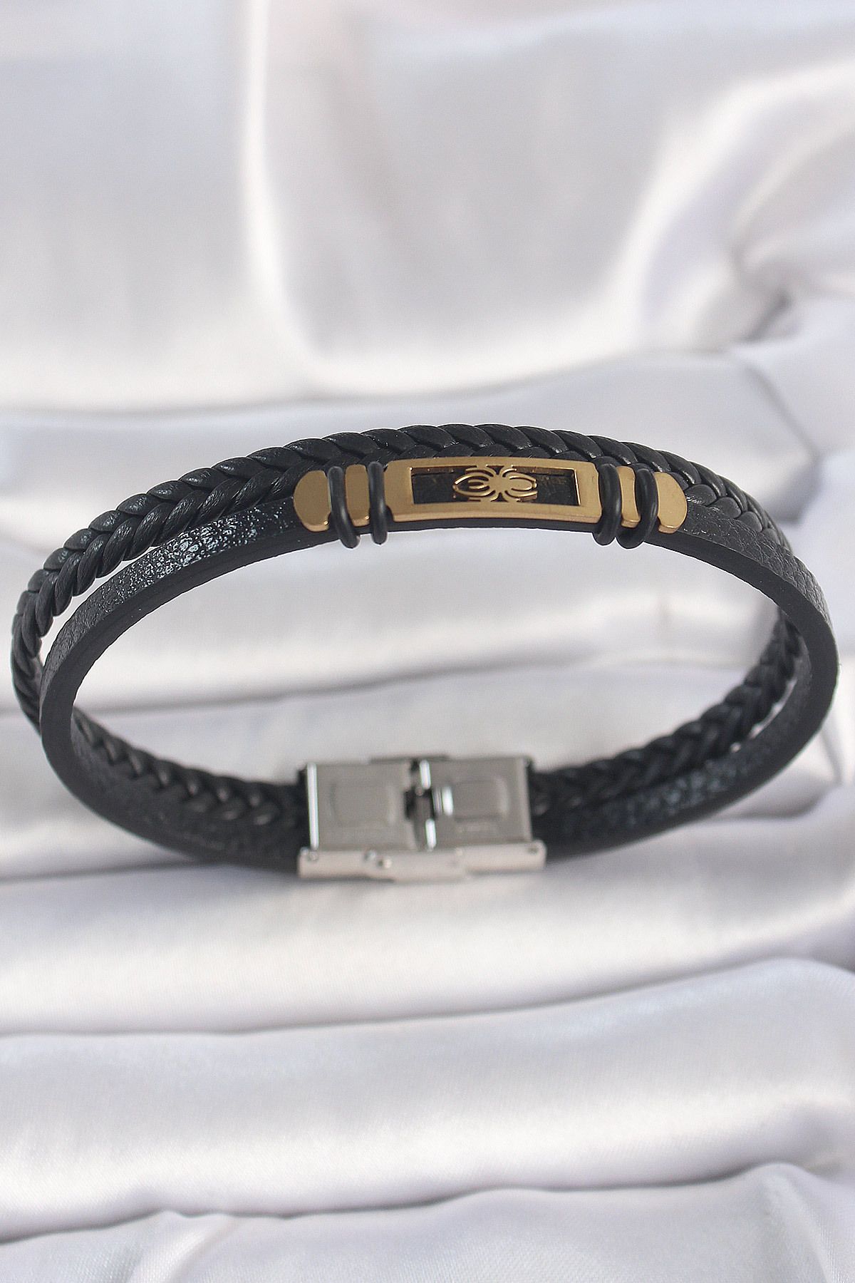 STİLLOVE 316L Çelik Gold Renk Örümcek Figür Çift Sıra Burgu Desenli Deri Kordon Erkek Bileklik SL10923